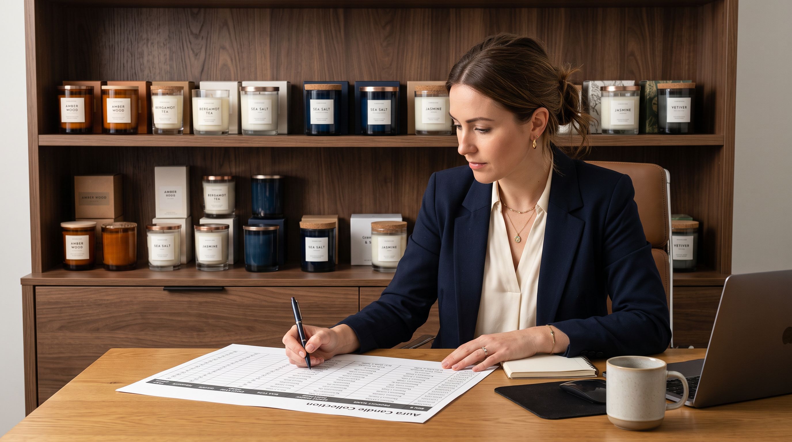 A home fragrance retailer at a desk reviewing a structured product catalogue spreadsheet with columns for scent family, wax type, and burn time, with a row of glass jar candles visible on a shelf behind the desk.