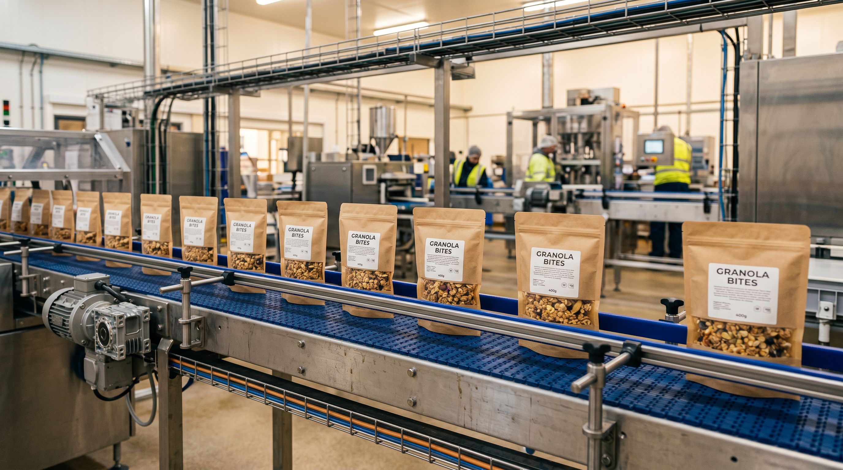 Sealed product packages moving in an orderly line along an industrial conveyor belt.