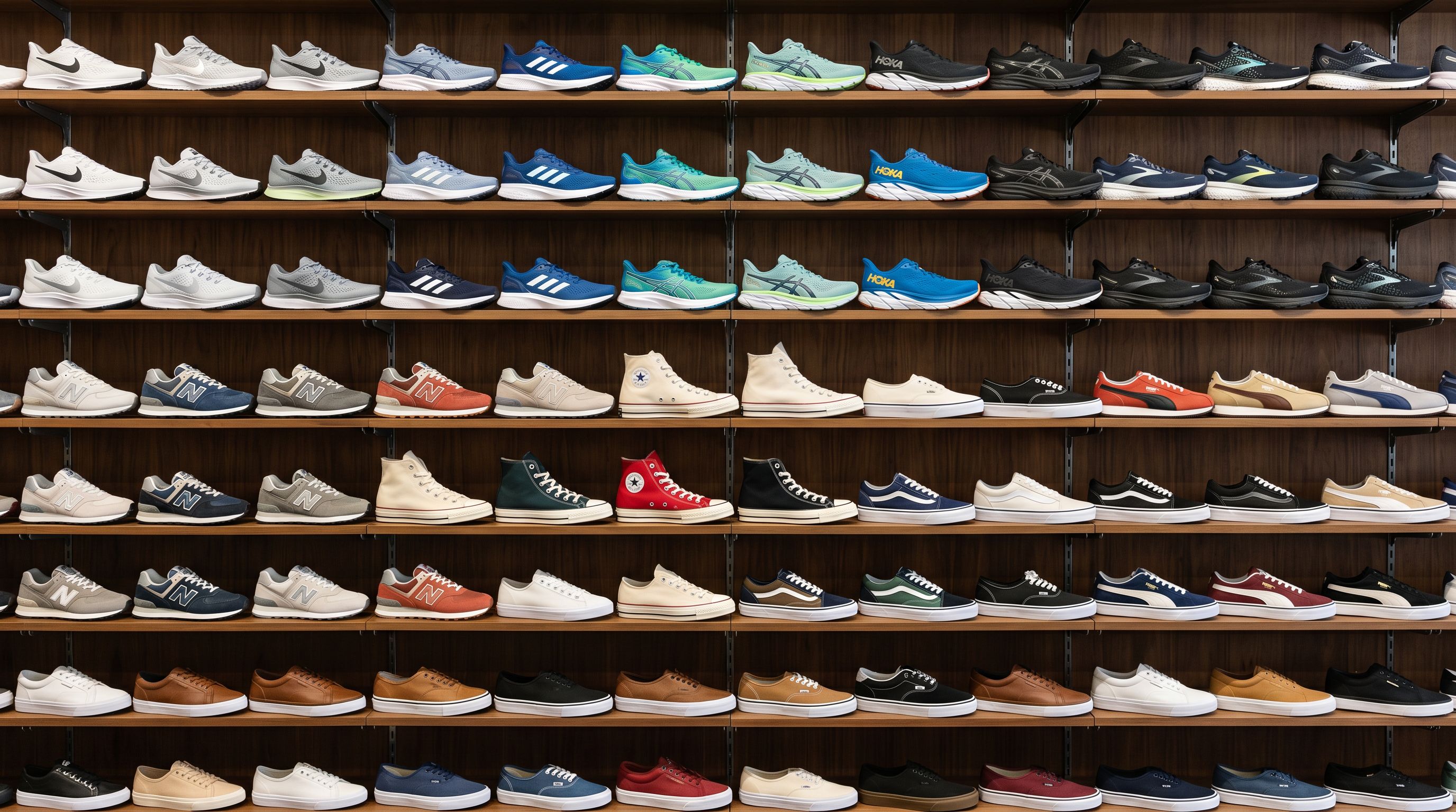 Athletic and casual footwear organised by style on angled retail display shelves.