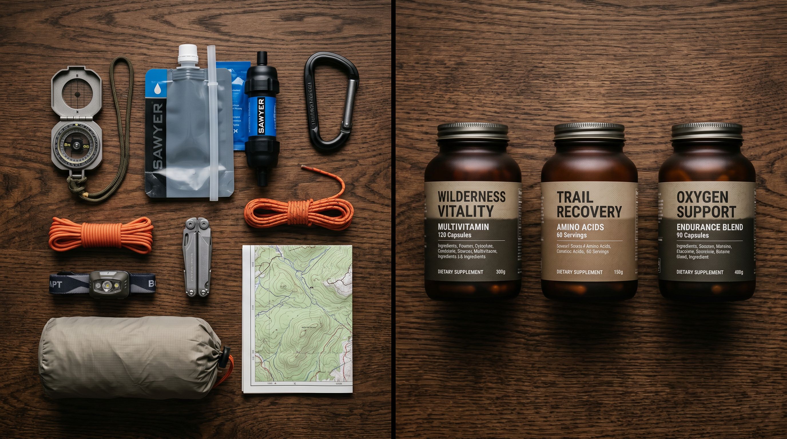 Outdoor hiking equipment and sealed supplement containers arranged in two groups on a wood surface.