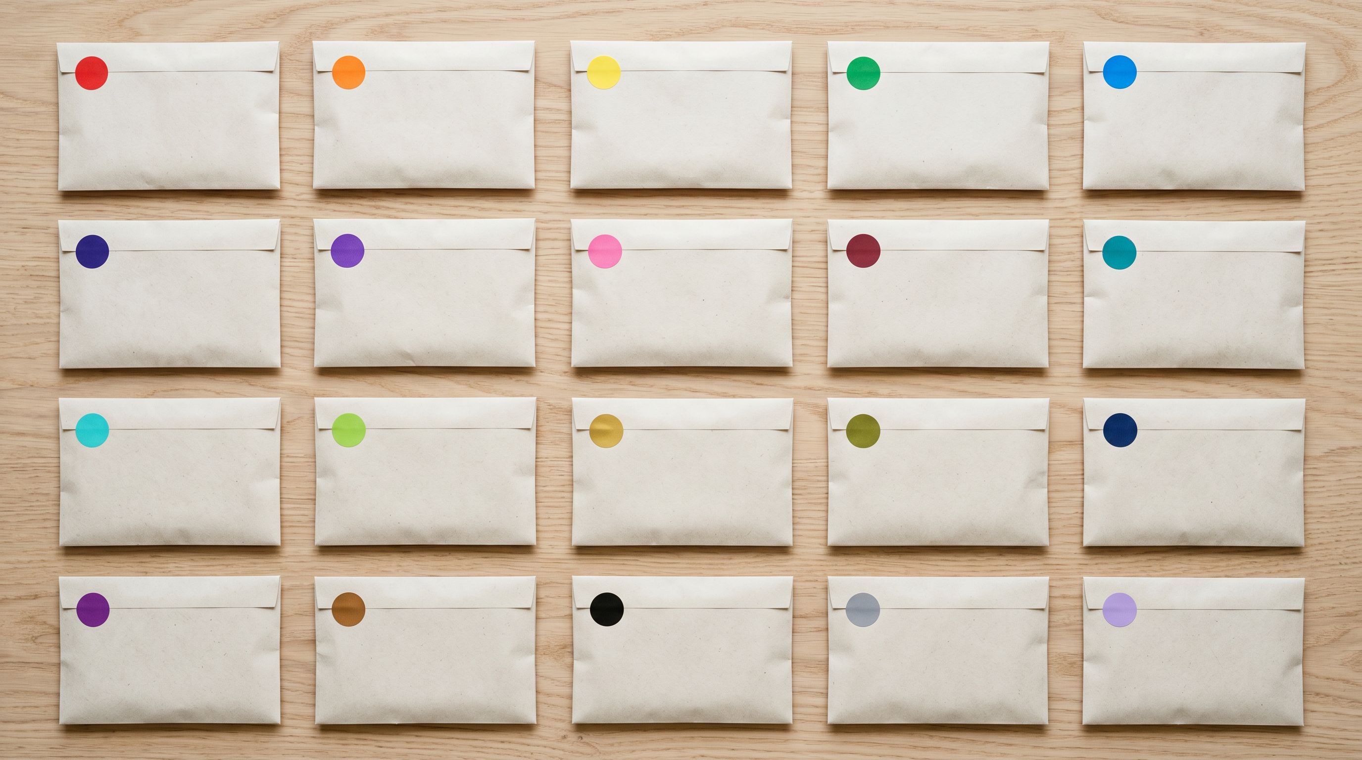 Sealed product packages in a grid pattern with coloured adhesive dot stickers on a light wood surface.