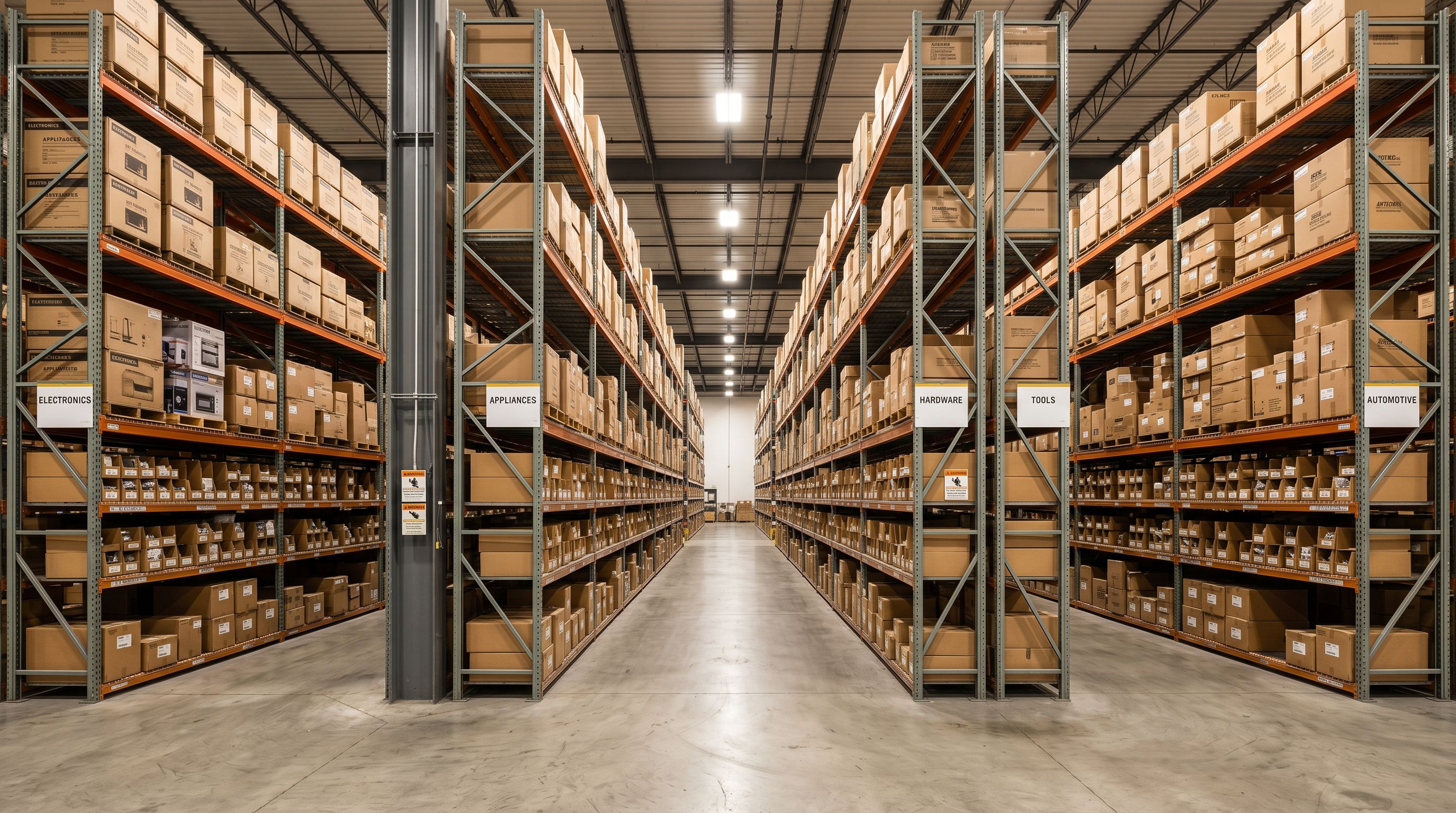 Warehouse floor corridor splitting into two parallel aisles of tall organised product shelving units.