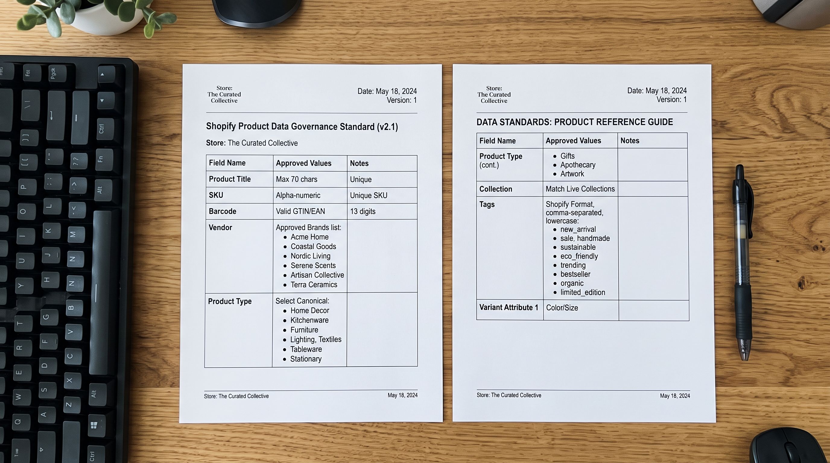 A printed two-page product data standards document on a desk beside a keyboard, the pages showing a structured table of Shopify product fields with their required formats, an example value in each row, and a notes column describing what each convention enforces, representing a concise internal governance reference, everything in sharp focus no blur no depth of field, colour photography.