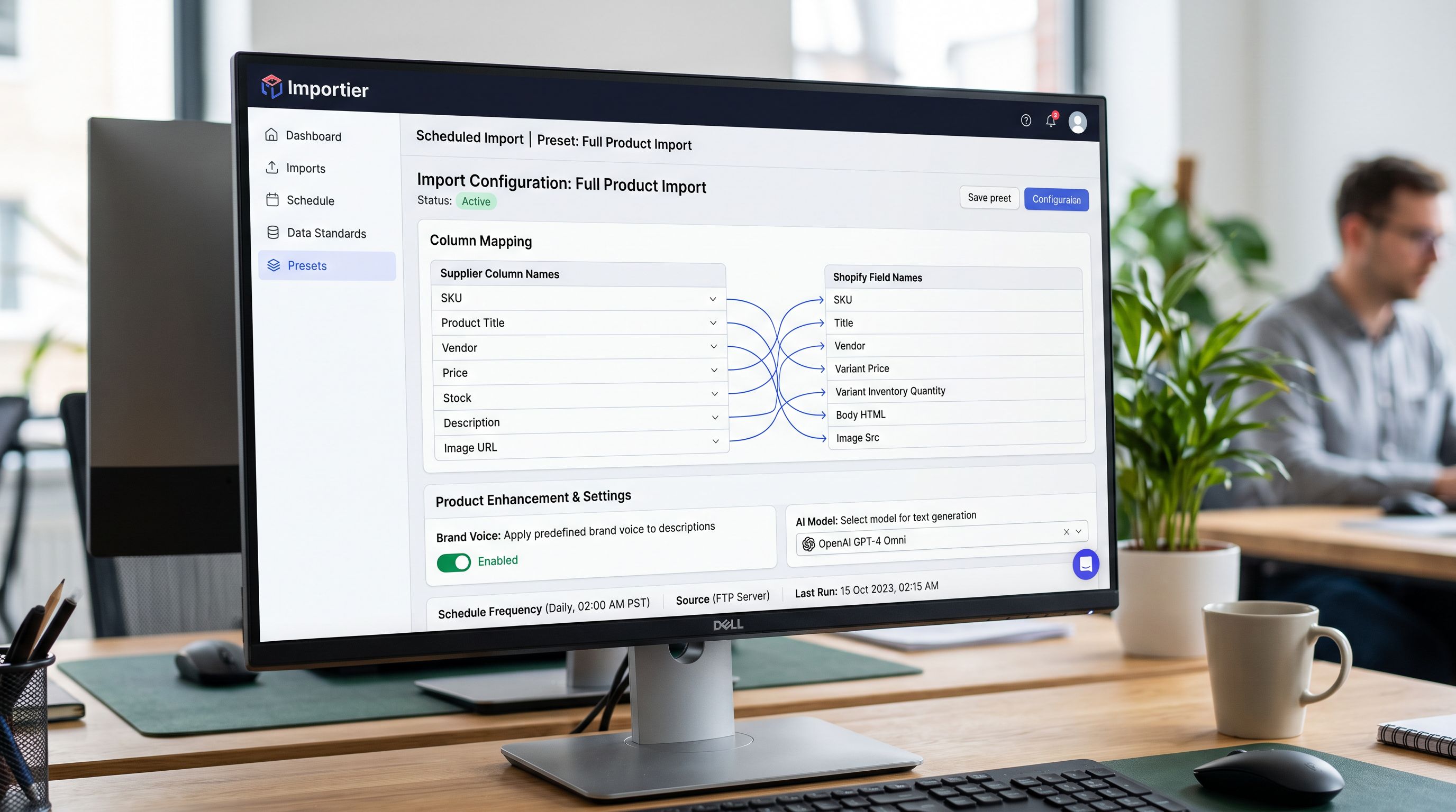 An Importier Scheduled Import configuration panel on a monitor showing a saved import preset named Full Product Import with a column mapping section below showing supplier CSV columns connected to Shopify fields, a Brand Voice setting enabled, and an AI model selector, representing how a saved import preset locks field conventions into the import workflow for any team member, everything in sharp focus no blur no depth of field, colour photography.