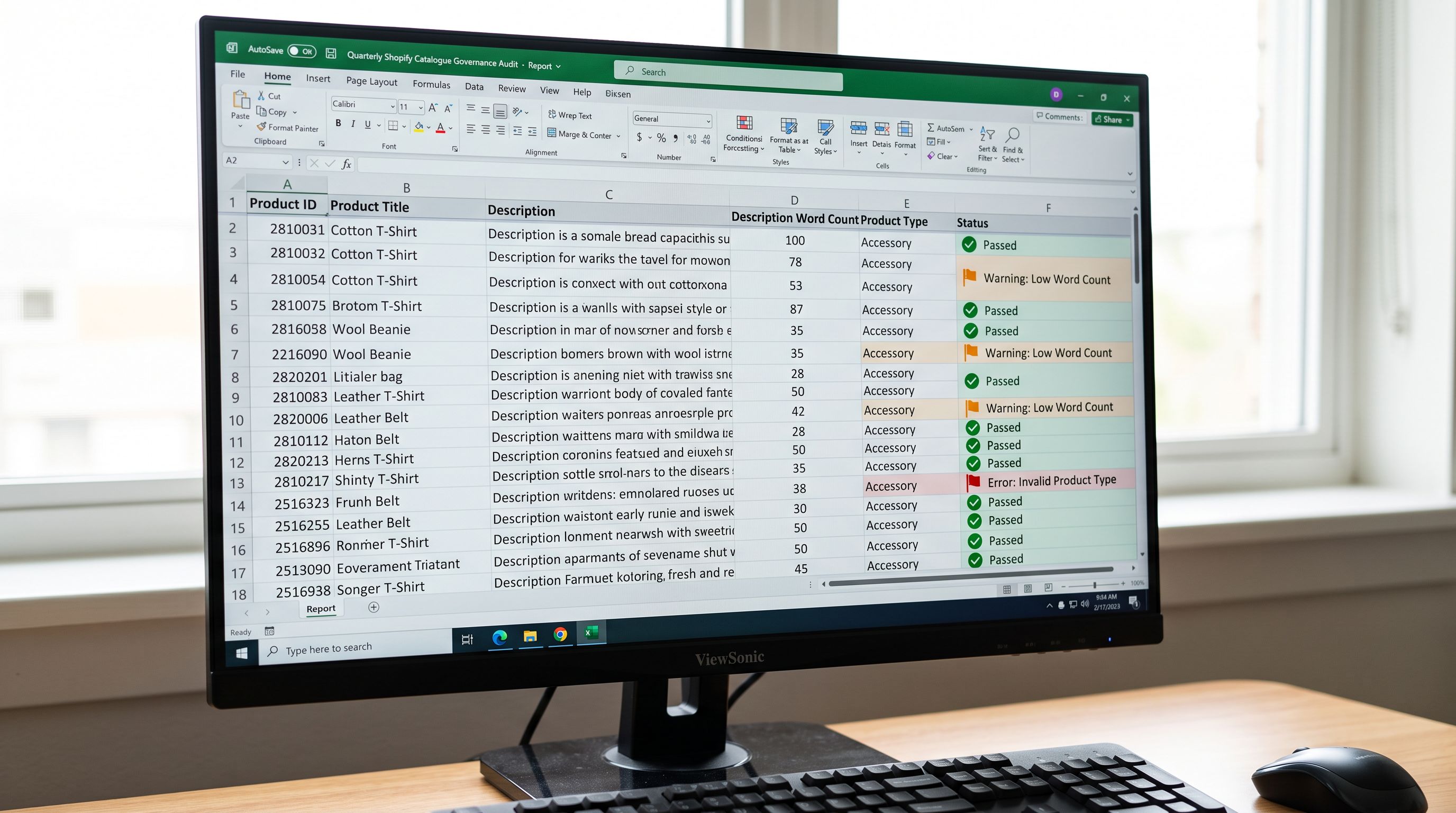 An Importier SEO Audit export results spreadsheet open on a monitor showing a product data quality report: columns for Product Title, Description Word Count, Product Type, and a Status column with colour-coded flags showing descriptions under minimum length in orange and product type values not matching the canonical list in red, representing a quarterly catalogue governance audit using Importier's export preset, everything in sharp focus no blur no depth of field, colour photography.