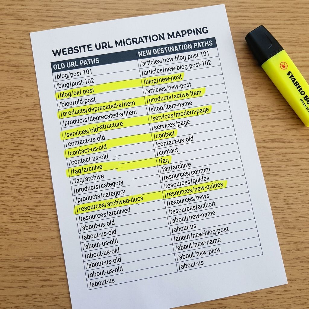 A printed two-column table on A4 paper, left column showing source platform URL paths, right column showing Shopify destination paths, several rows highlighted in yellow, sharp focus, colour photography.
