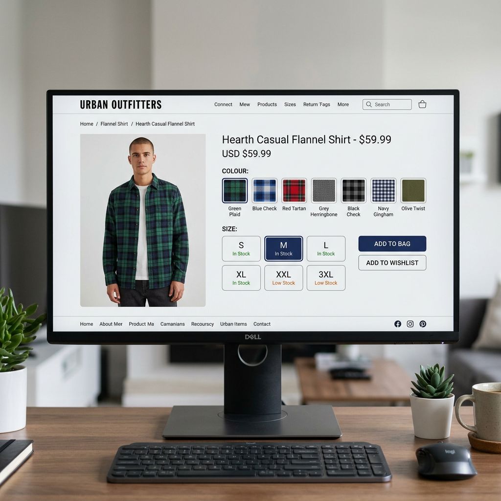 Multiple colour and size variant option buttons displayed on a Shopify product page for a single garment, correctly grouped under one listing with clear size labels and a colour swatch row, sharp focus, colour photography.