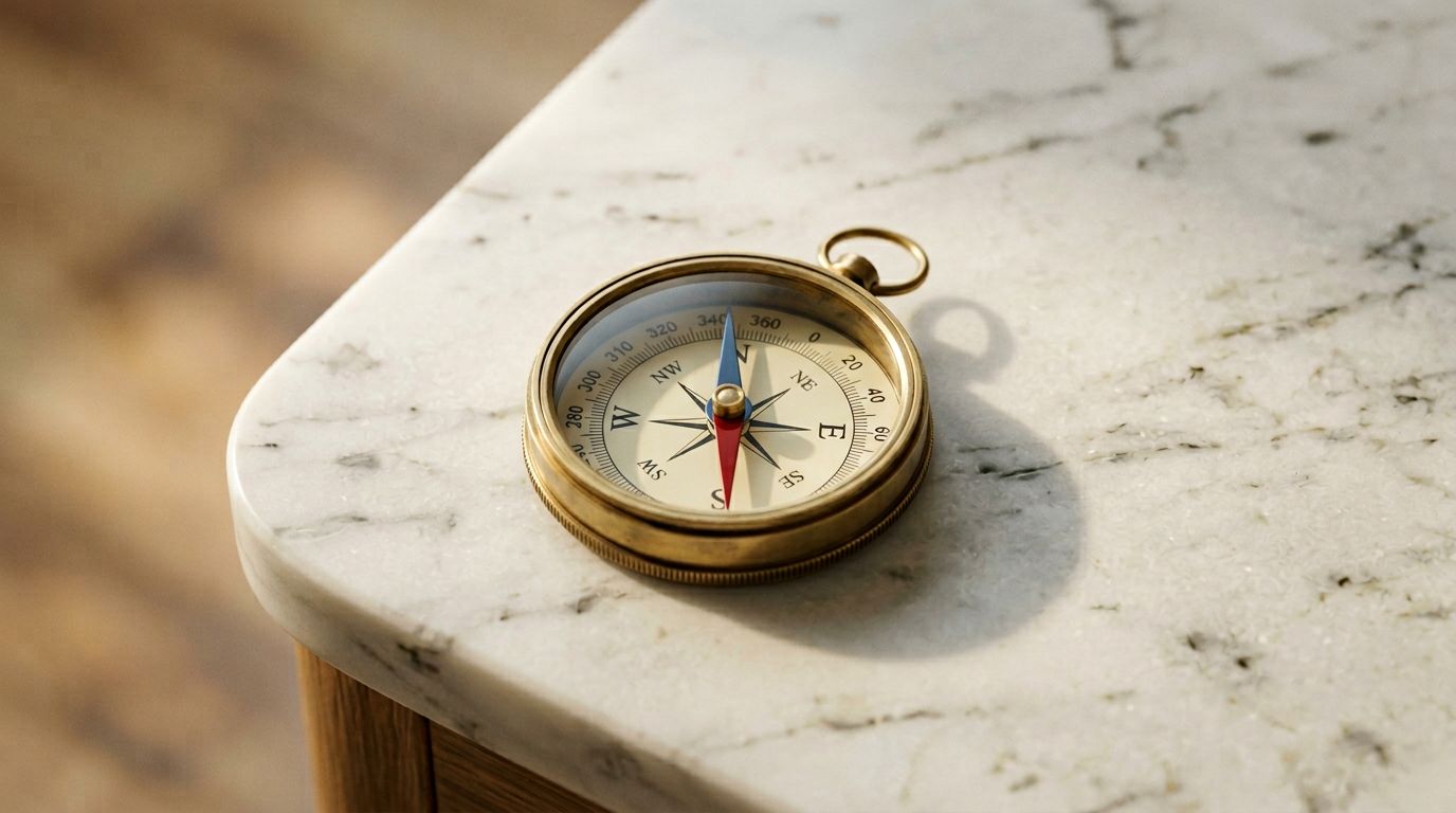 Abstract precision compass on pale marble representing structured product attribute matching.