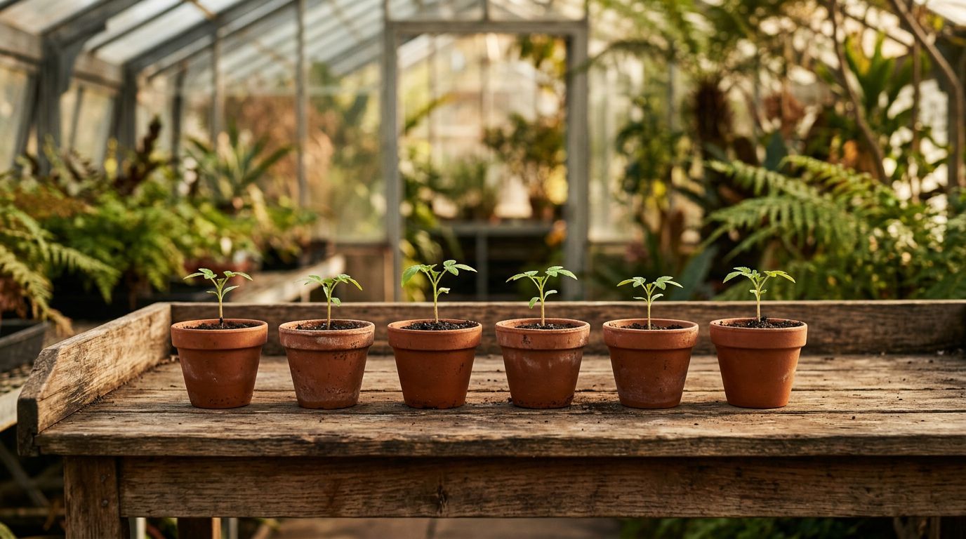 Identical terracotta seed pots in a row on a weathered bench, each at the same growth stage.