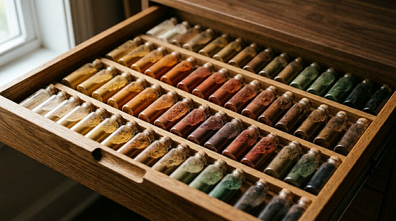 Open wooden drawer with rows of small glass vials containing natural pigment powders in earthy tones.
