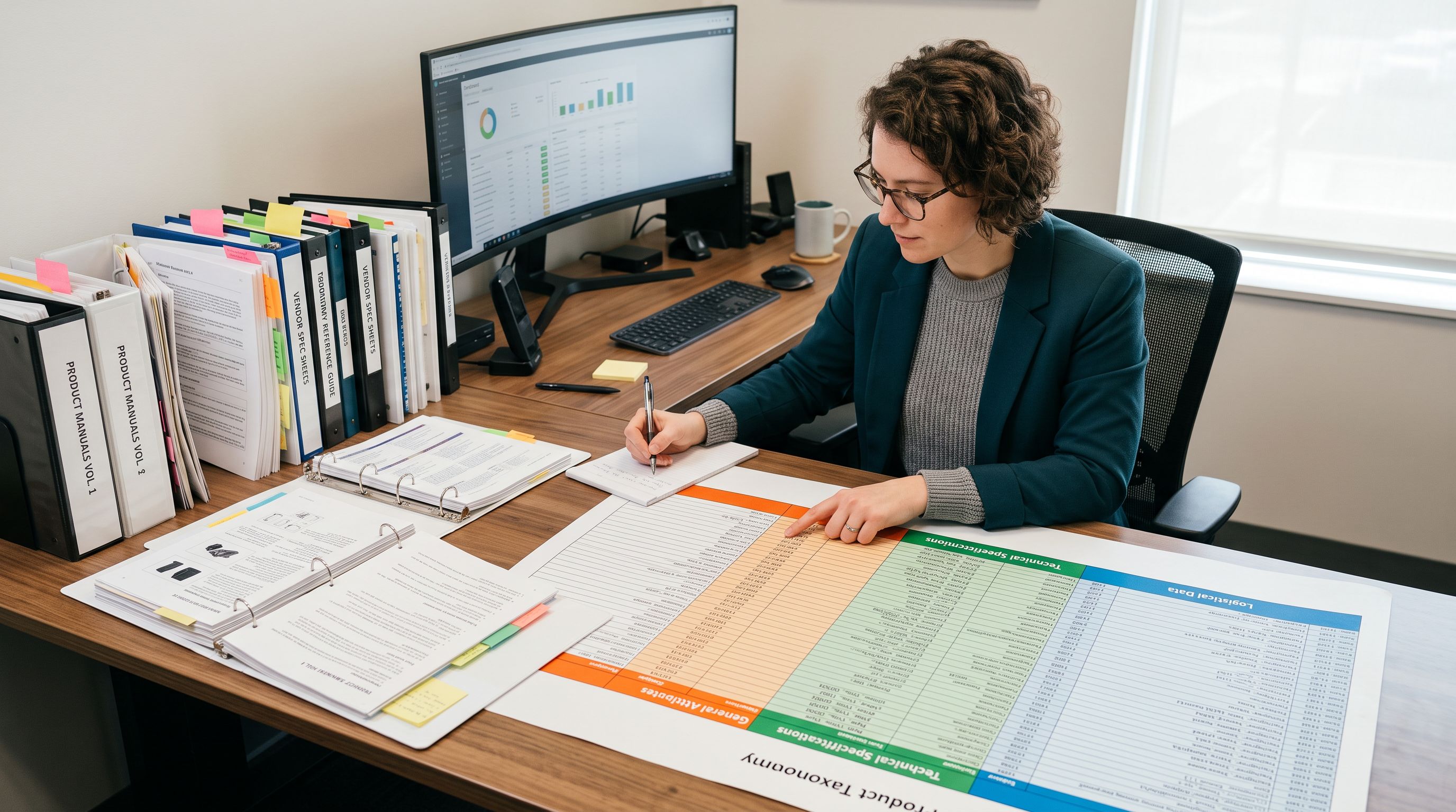 Data analyst at a desk with a large printed product taxonomy spreadsheet showing colour-coded attribute column headers and row entries for product specification categories, reference binders beside the spreadsheet