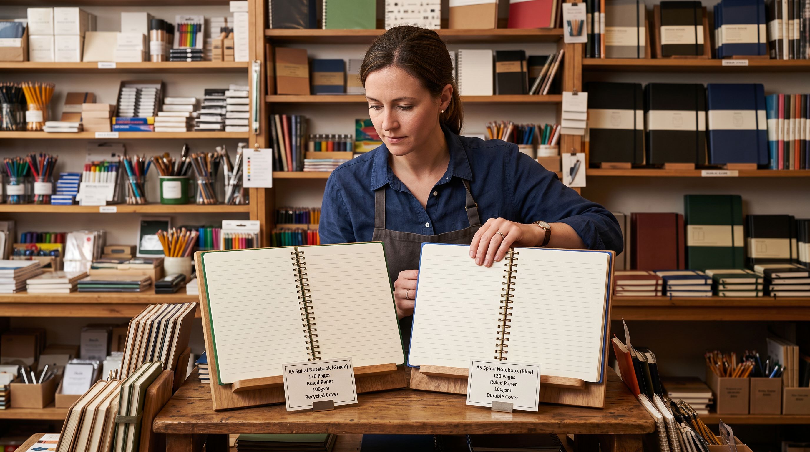 Shopkeeper at a wooden retail table comparing two spiral-bound notebook products side by side with printed specification label cards in front of each notebook showing product attribute details