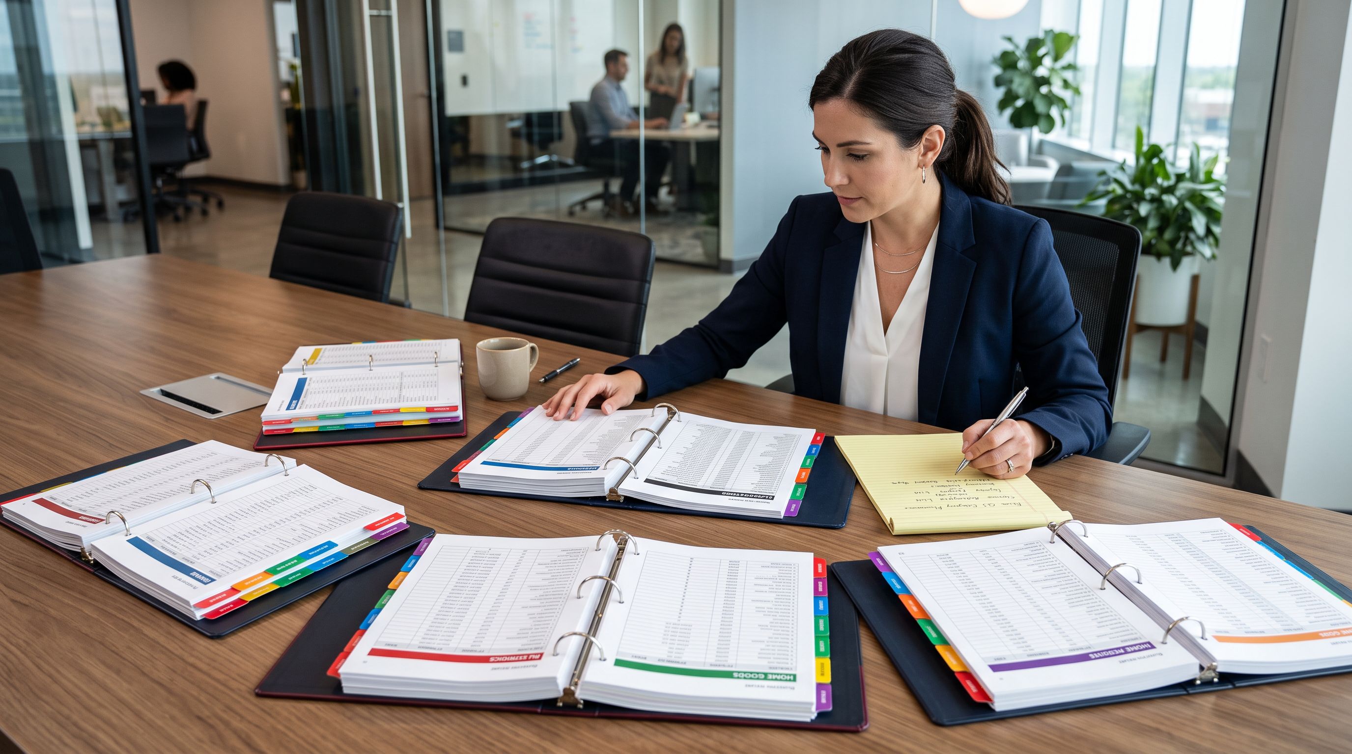 Category manager at an office table with multiple printed industry reference binders open showing tabbed attribute lists for different product categories with coloured tab dividers and yellow notepad beside them