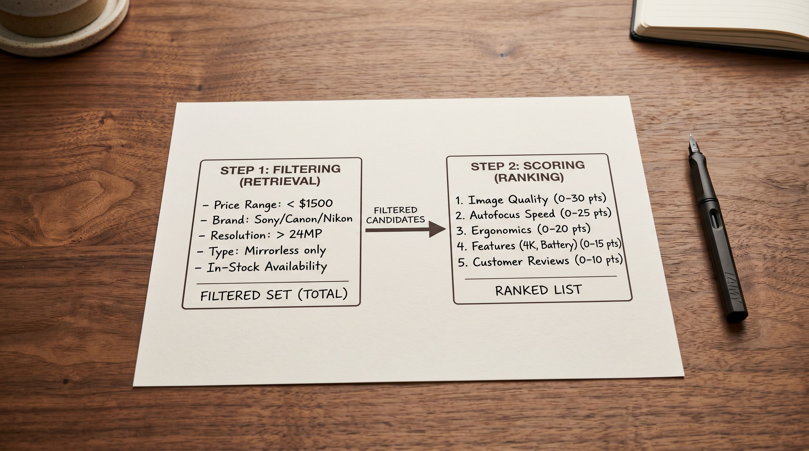 Printed ChatGPT Shopping evaluation stages diagram on a desk showing two labelled boxes connected by an arrow, the left box listing retrieval criteria including category and price range, and the right box listing ranking criteria including description specificity and attribute completeness, representing the two-stage evaluation model.