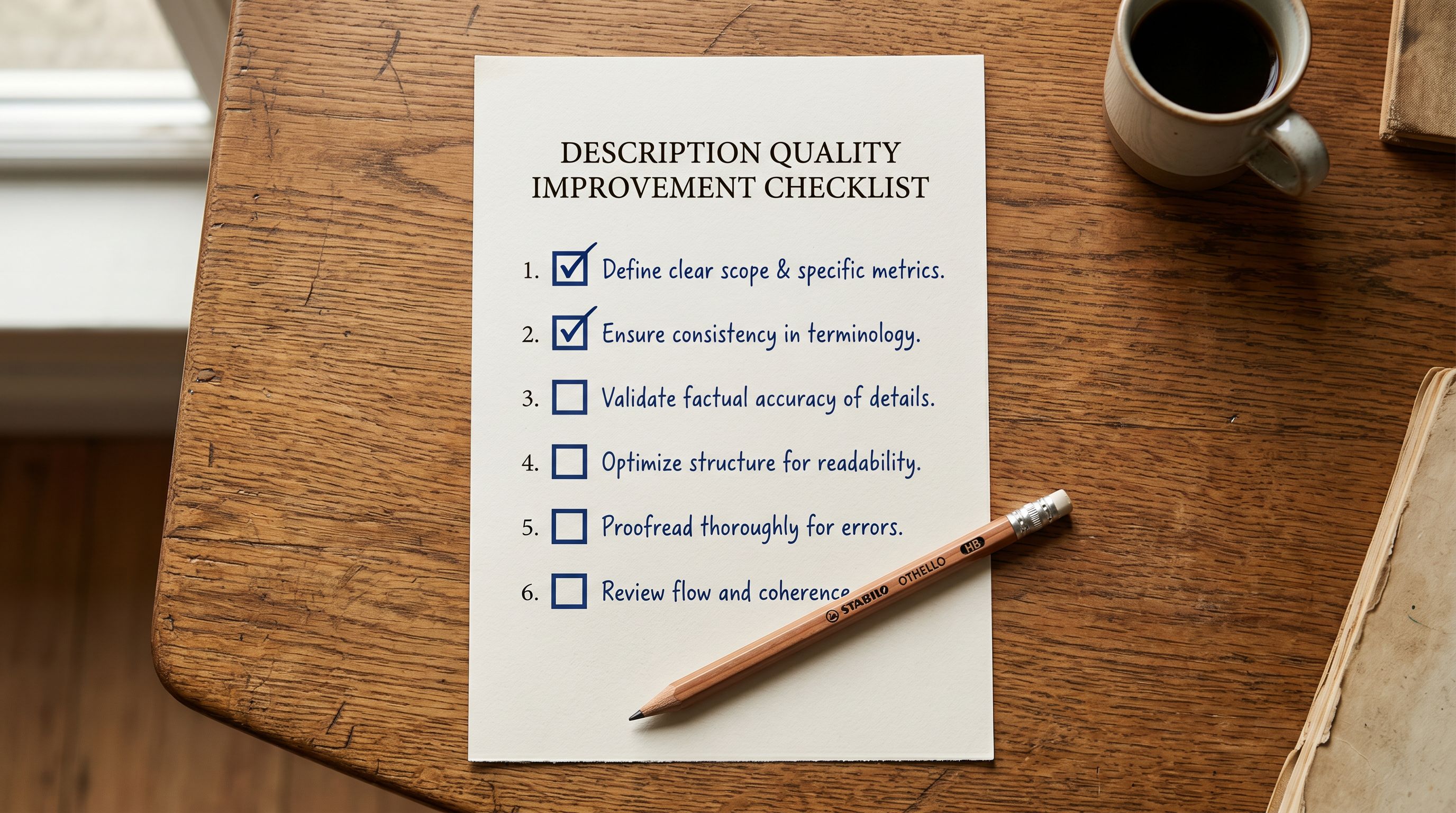 Printed description specificity audit grid on a desk showing three columns labelled measurable claims, use-case context, and material specifics, with product row labels in the left margin and handwritten tick or dash marks in each cell representing a before-and-after assessment of description quality across a sample of products.