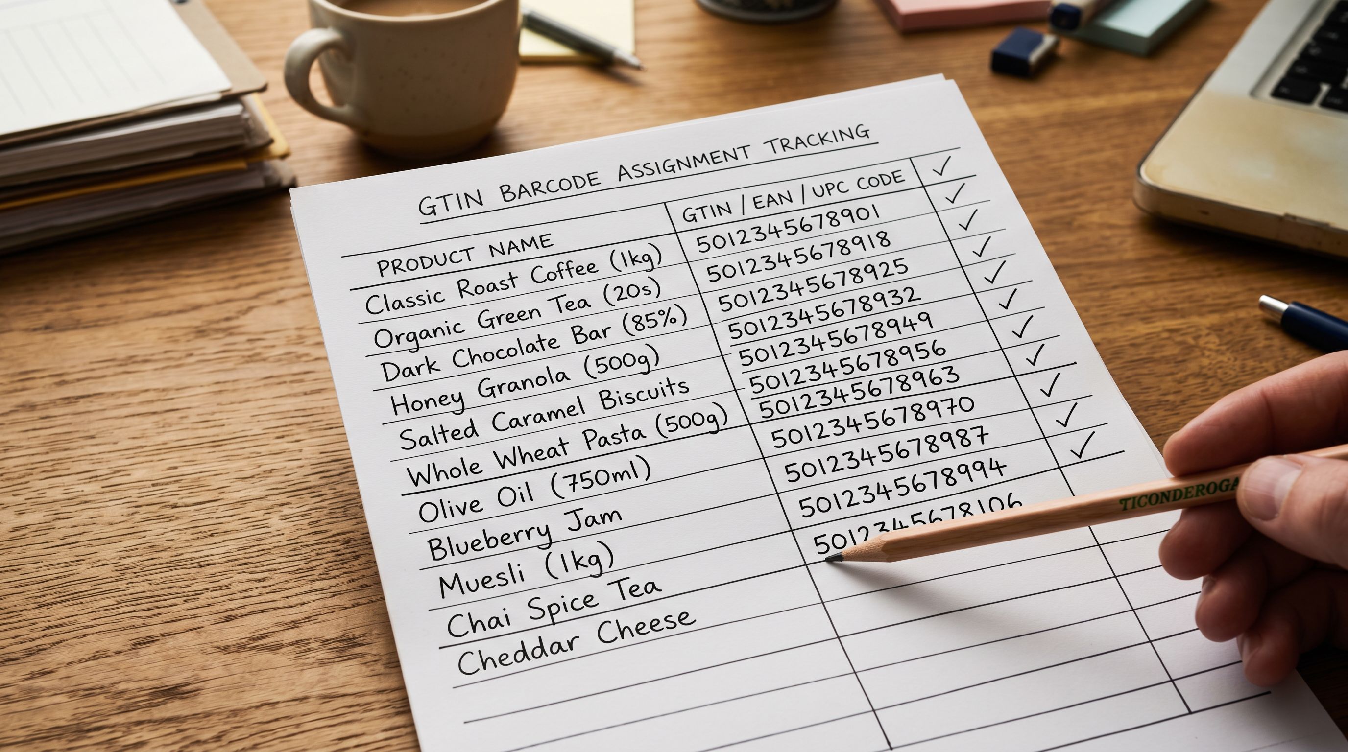 Printed GTIN assignment reference worksheet on a desk showing a two-column table with product model names in the left column and EAN or UPC codes written beside them in the right column, with a tick beside each row where the code has been verified against the supplier's product database.