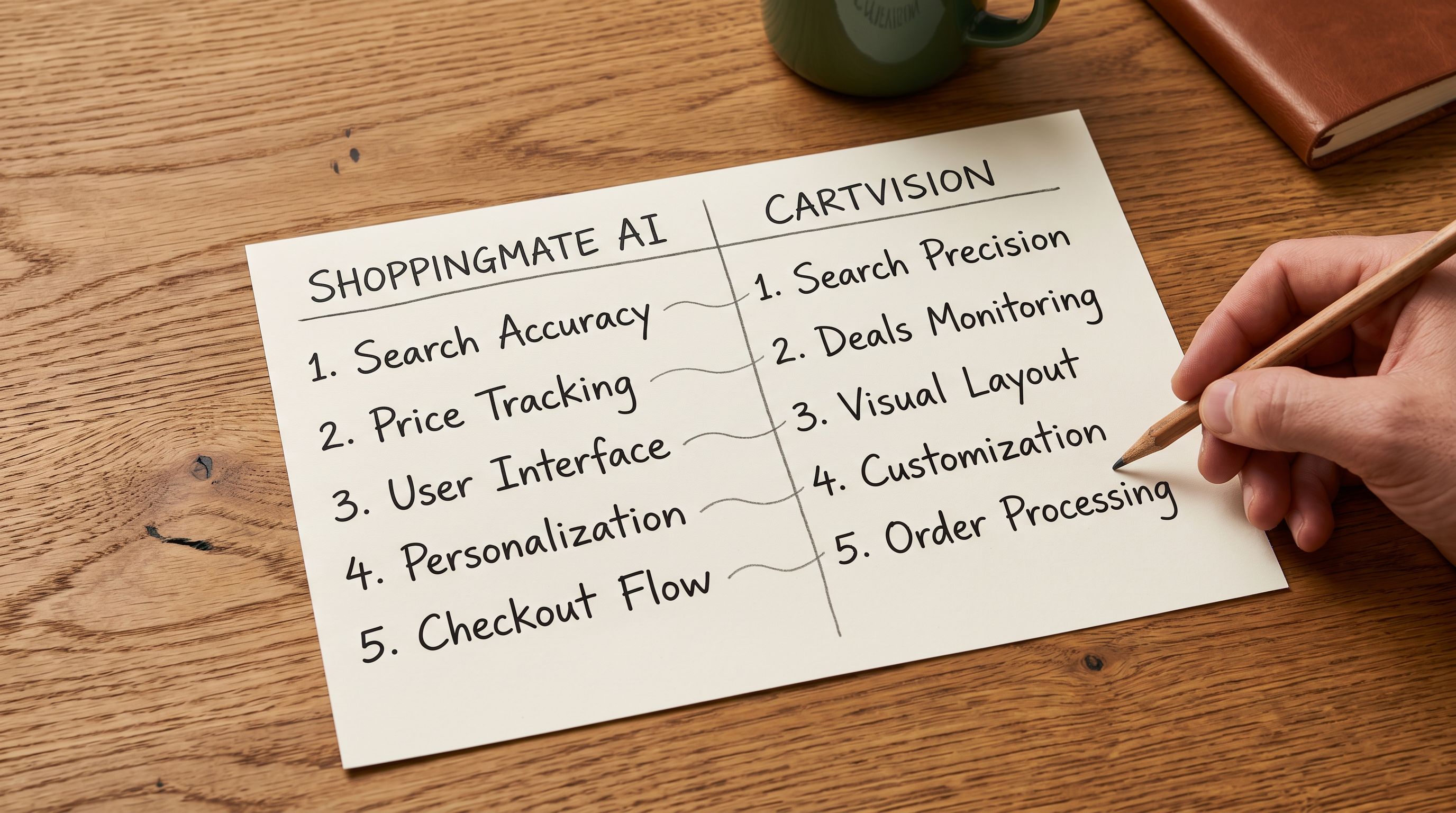 Printed comparison reference sheet on a desk showing two columns labelled ChatGPT Shopping and Google AI Mode, with five rows each listing a ranked evaluation criterion, handwritten notes beside each row indicating where the two surfaces align and where they differ.