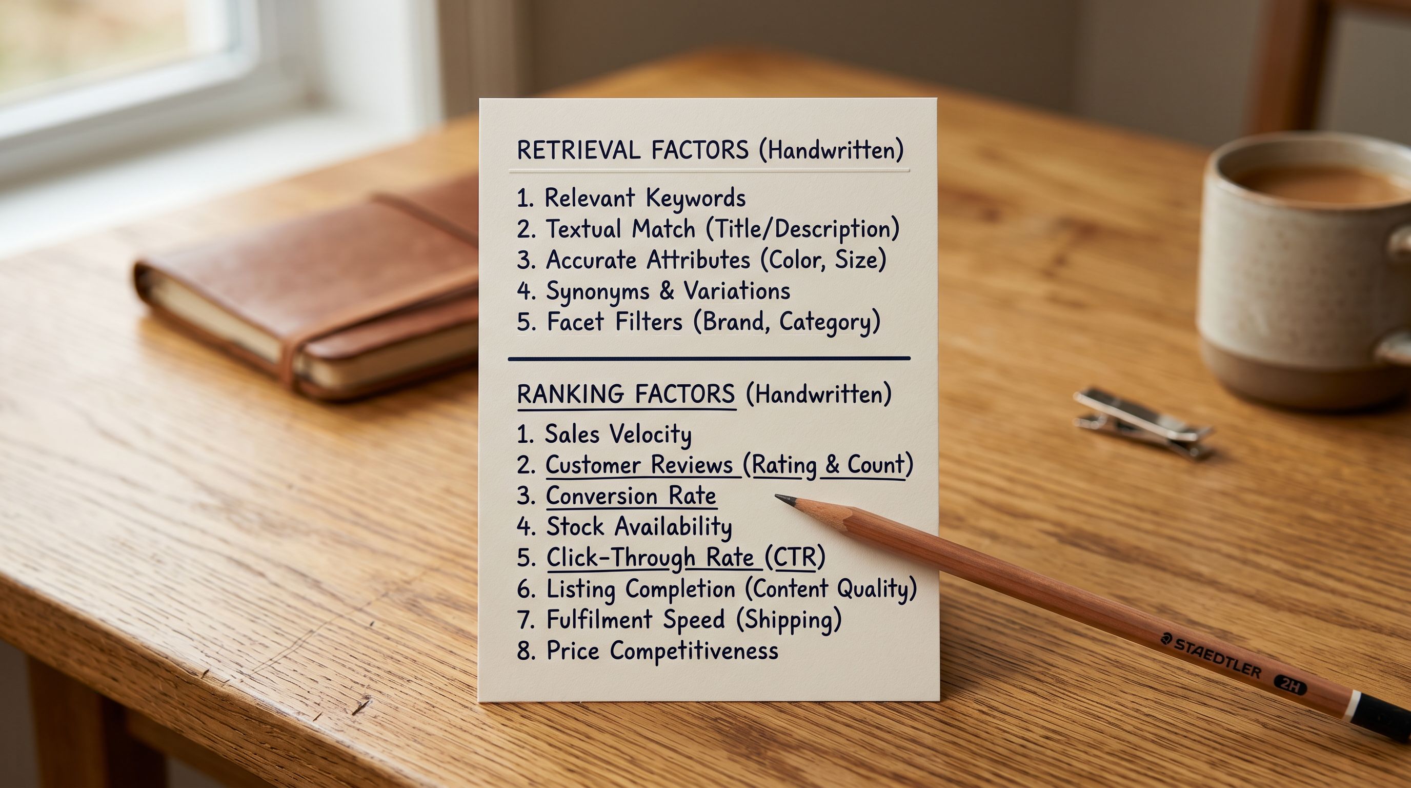 Printed product data evaluation criteria reference card on a wooden desk showing two labelled columns for retrieval factors and ranking factors, with bullet points listed under each column in handwriting and a pencil underlining the three ranking factors that carry the most weight in contextual AI evaluation.