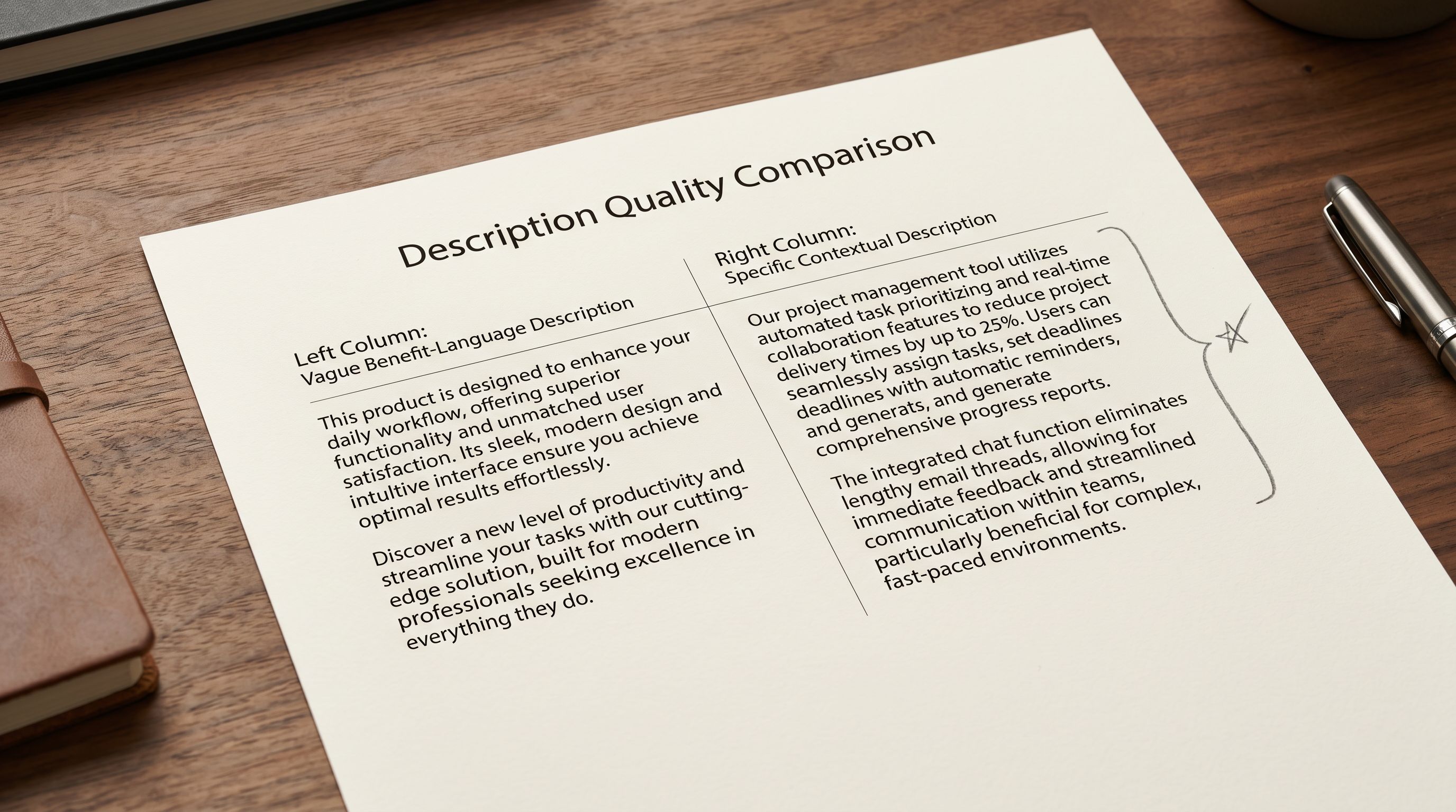 Printed two-column description comparison sheet on a wooden desk showing one paragraph of vague benefit language on the left and one paragraph of specific contextual description on the right, with a bracket drawn in pencil indicating which description would score higher against a specific buyer query.