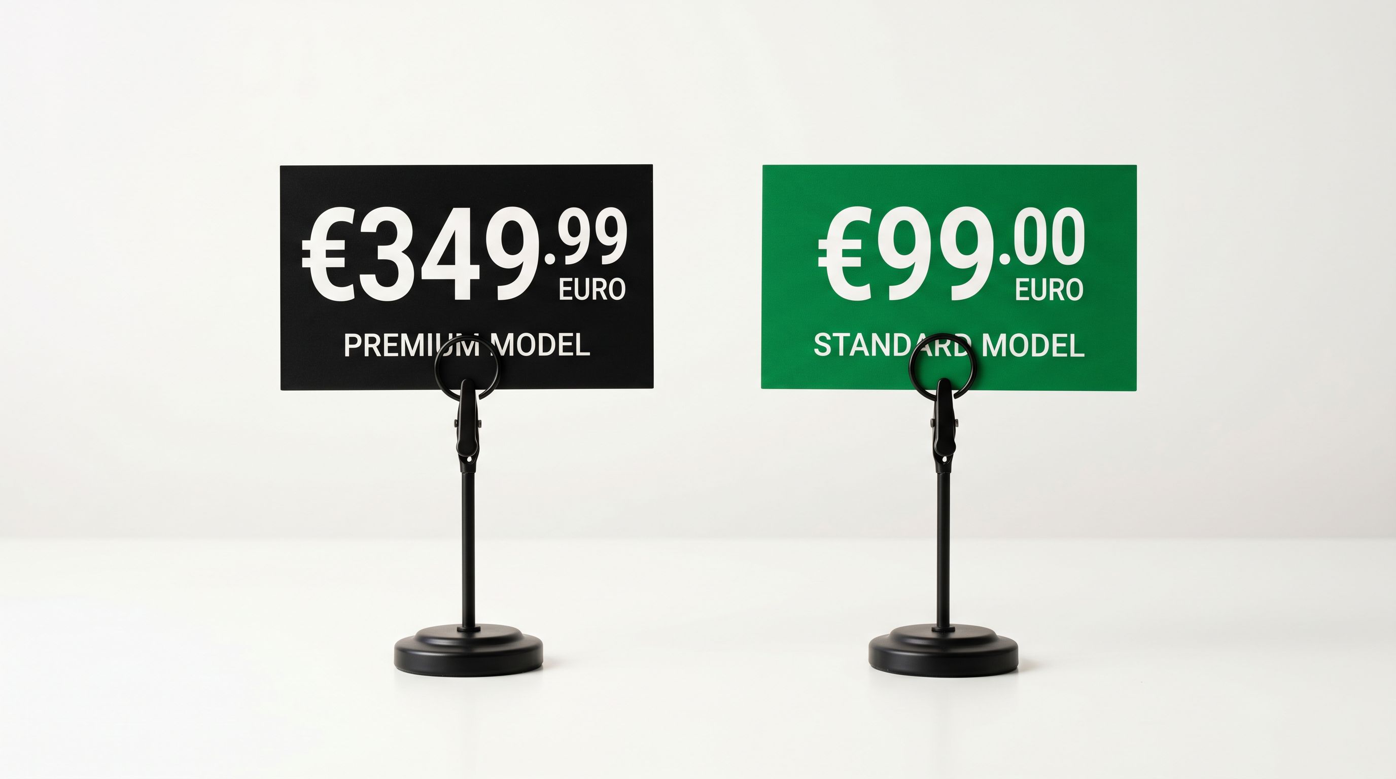 Two retail price display stands side by side, one showing a high original price tag and one showing a lower current price tag in green.