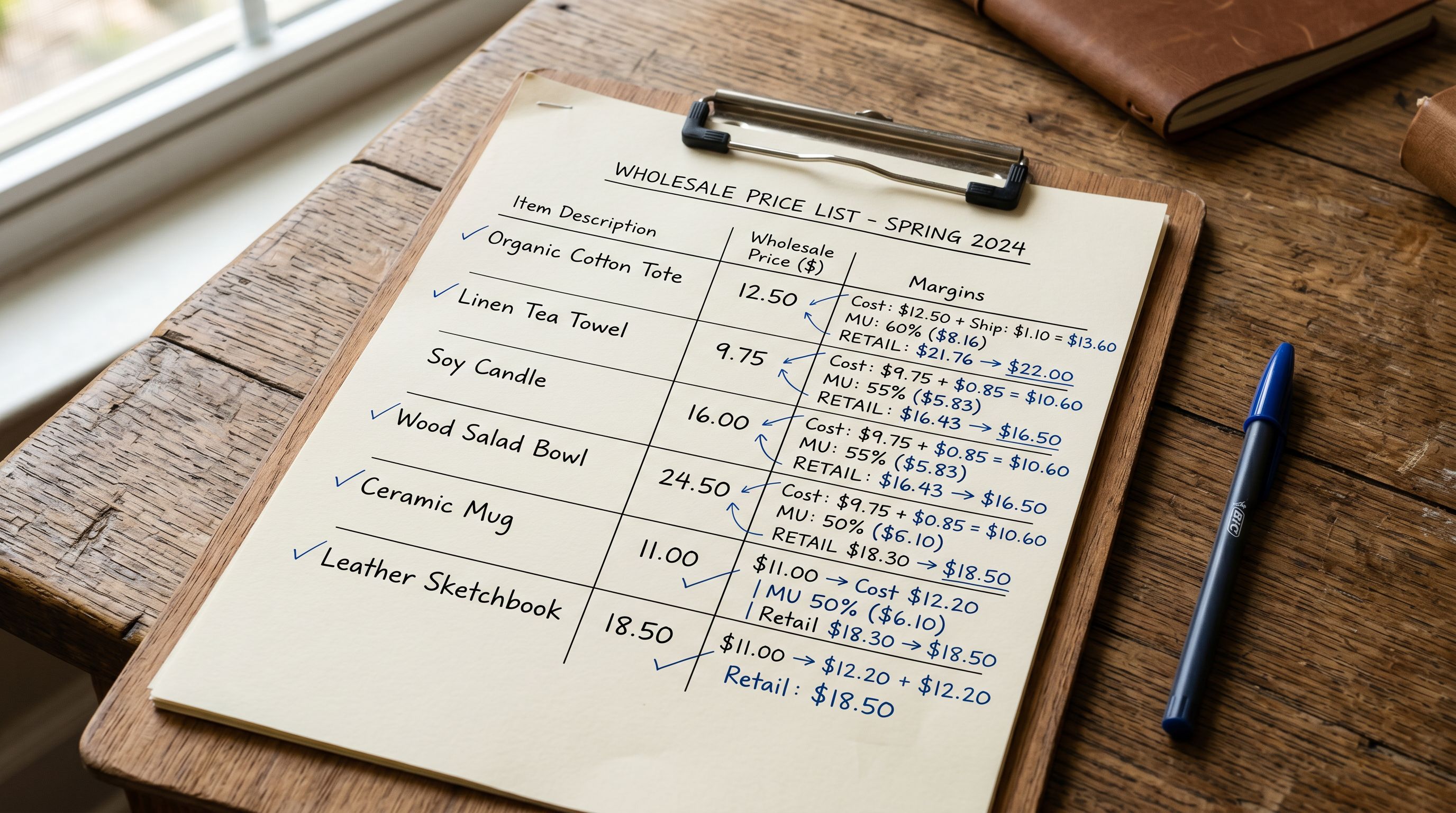 Wholesale price list on a clipboard with cost price and retail markup calculation notes written in pen margins.