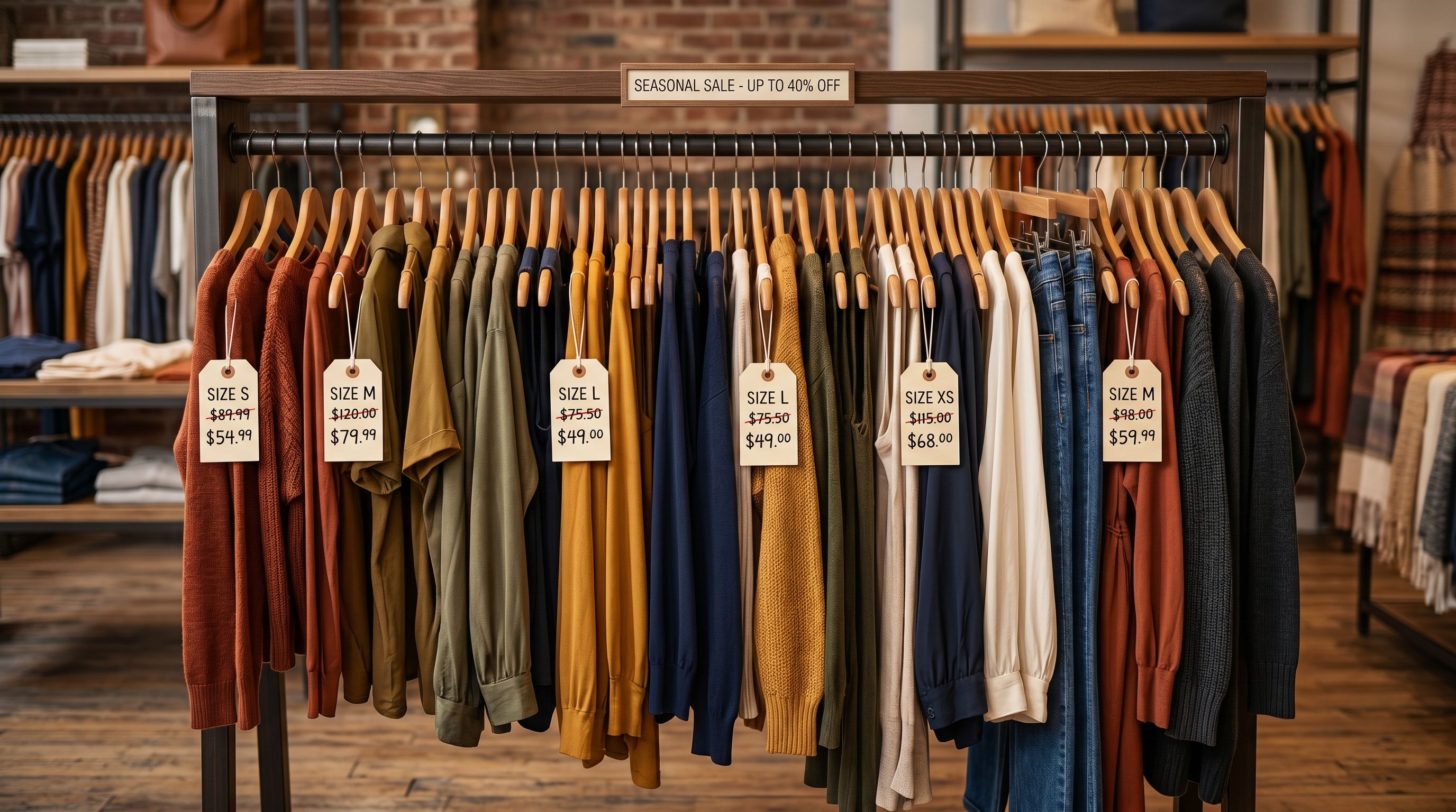 Hanging clothing rack with size tags from small to extra-large, each tag showing a sale price below a crossed-out original price.