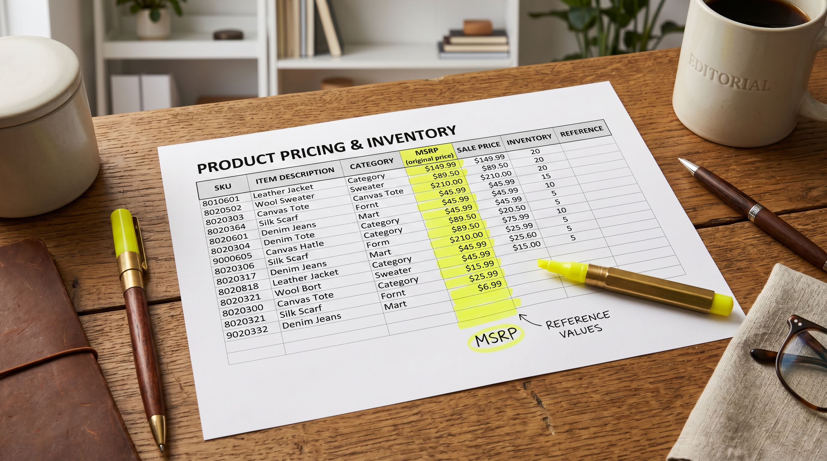 Printed product pricing export spreadsheet on a desk with a highlighter marking the retail price column to be used as compare-at reference.