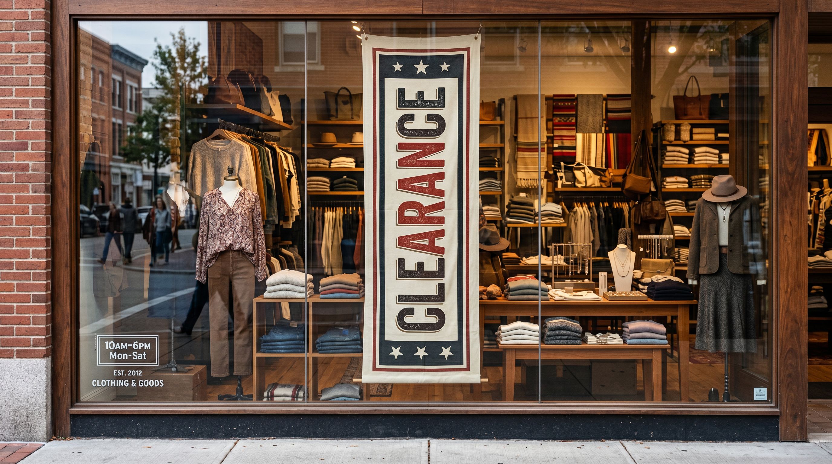 Retail clearance banner hanging in a shopfront window with sale percentage signs and product displays visible through the glass.