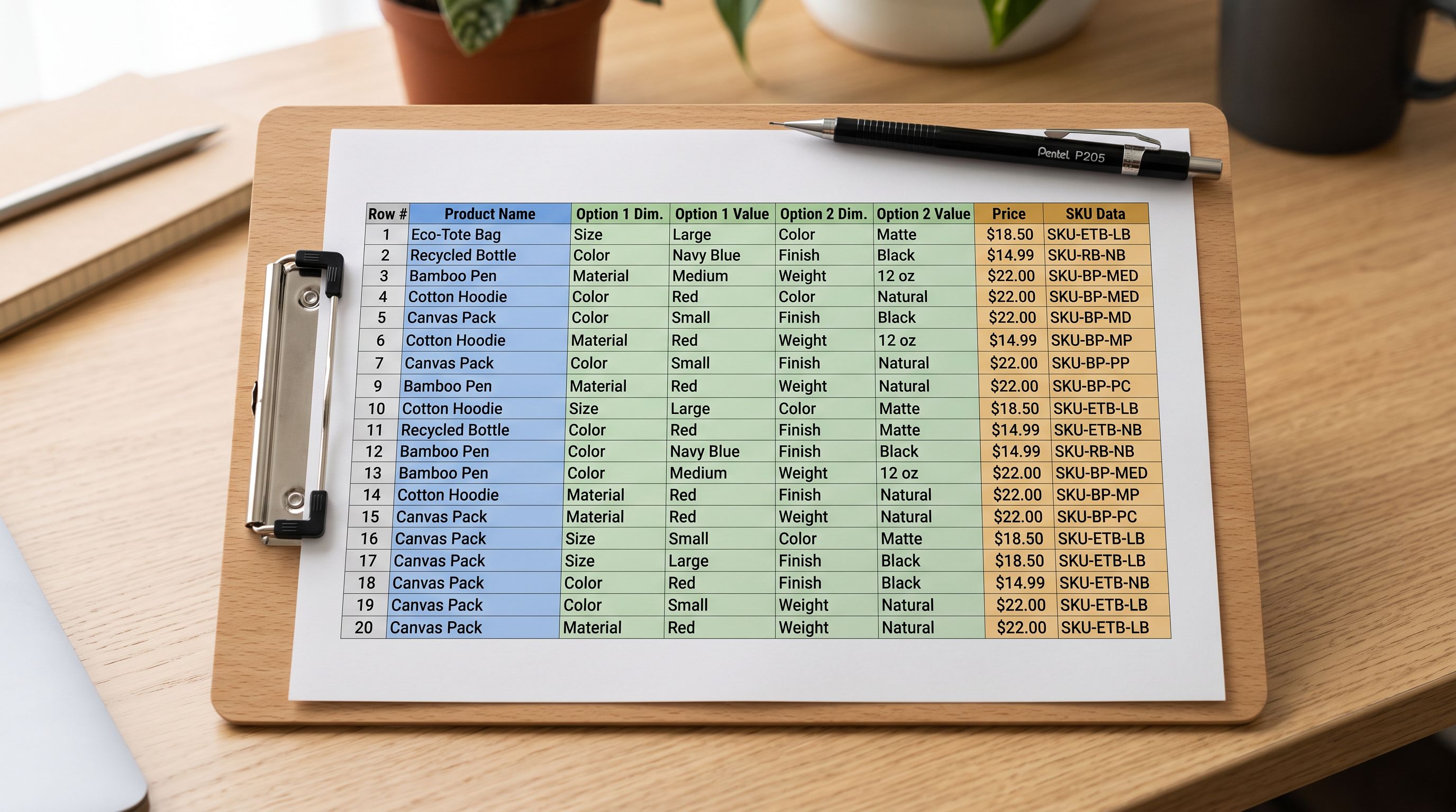 A printed spreadsheet mockup on a clipboard showing twenty rows of a supplier CSV with colour-coded column groupings highlighting the handle column in blue, option name and value pairs in green and amber, and price and SKU columns in grey.