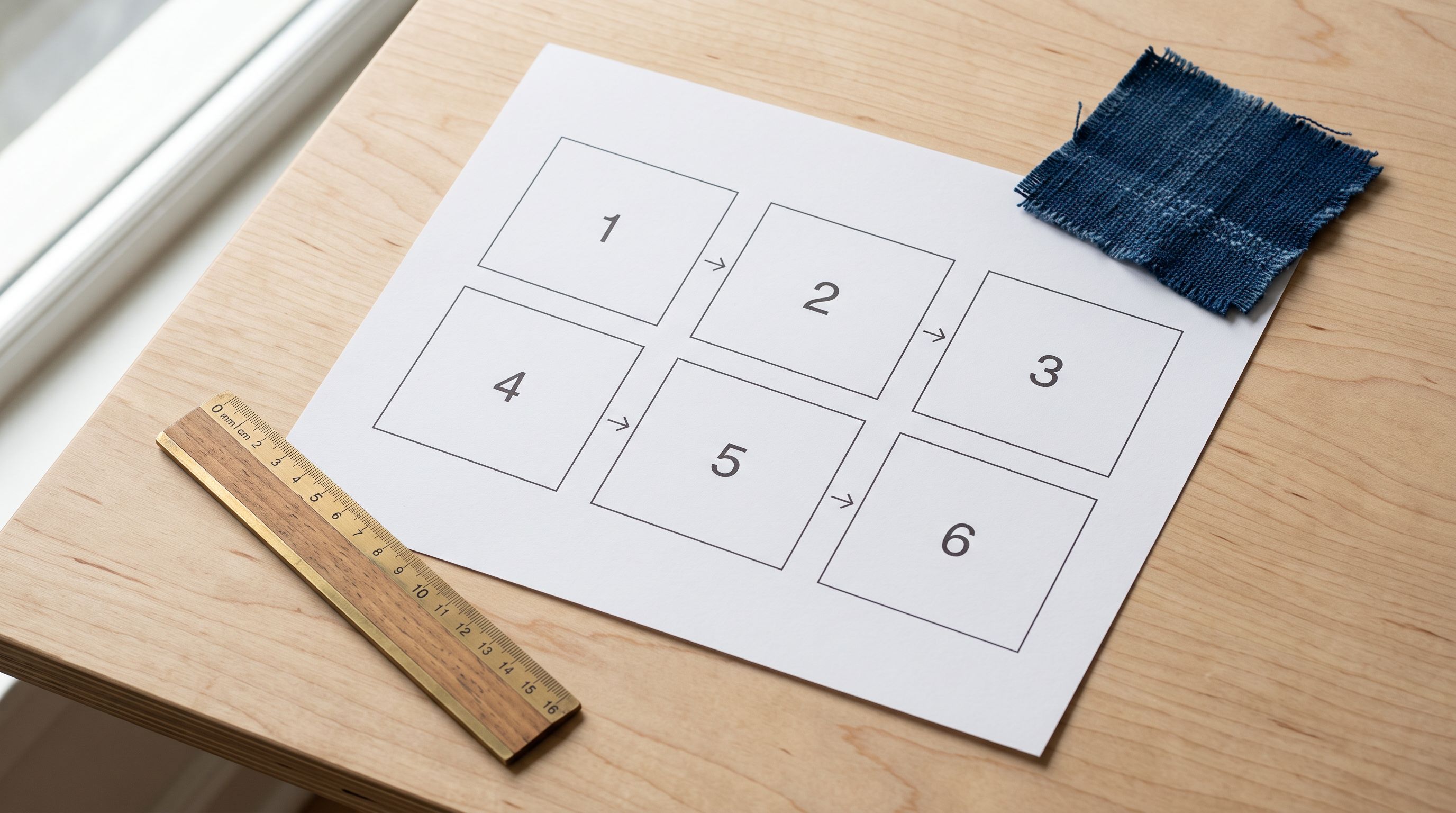 A printed six-box numbered workflow diagram arranged in two rows of three on a white background, resting on a pale birchwood work surface beside a small ruler and a hand-cut fabric swatch in dark indigo.