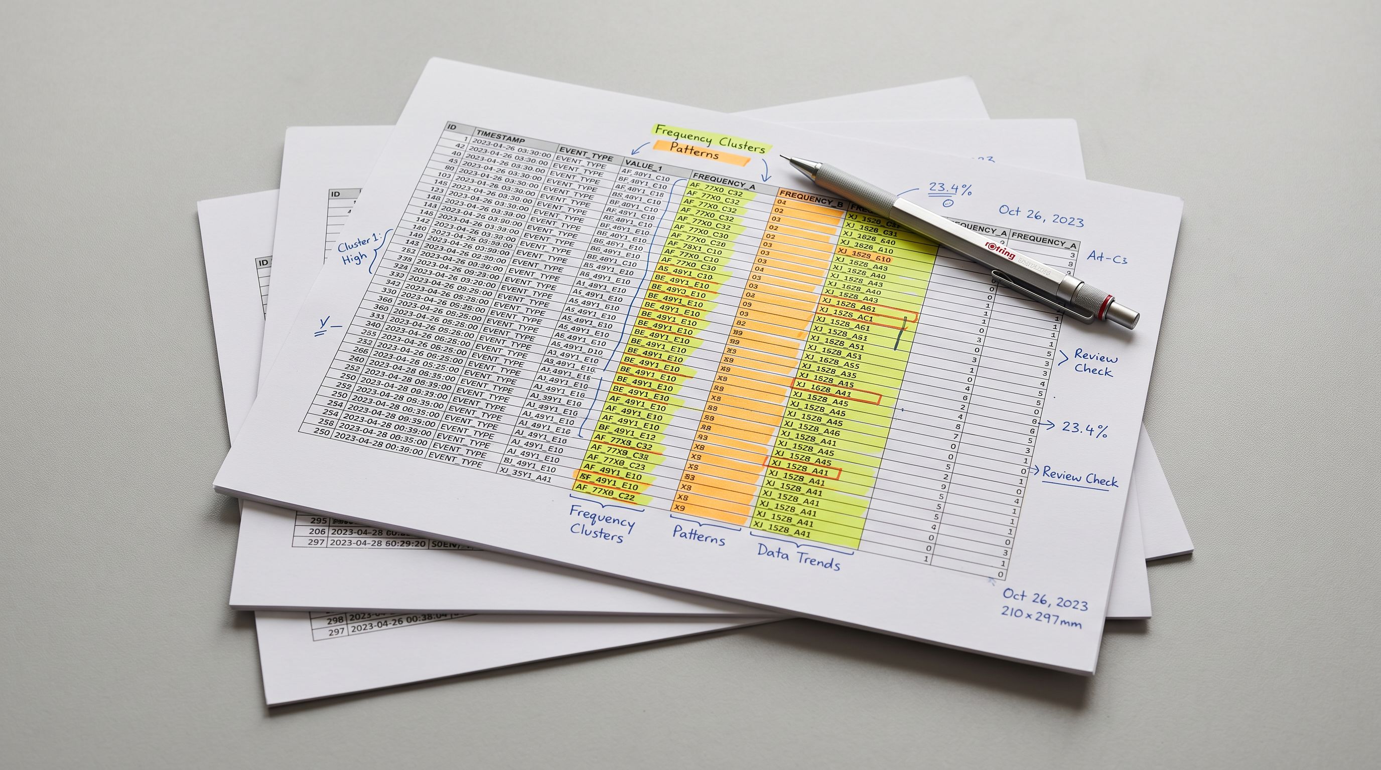 Three stacked printed data analysis sheets on a light work surface showing frequency tables with highlighted repeating value clusters, a mechanical pencil resting across the top sheet.