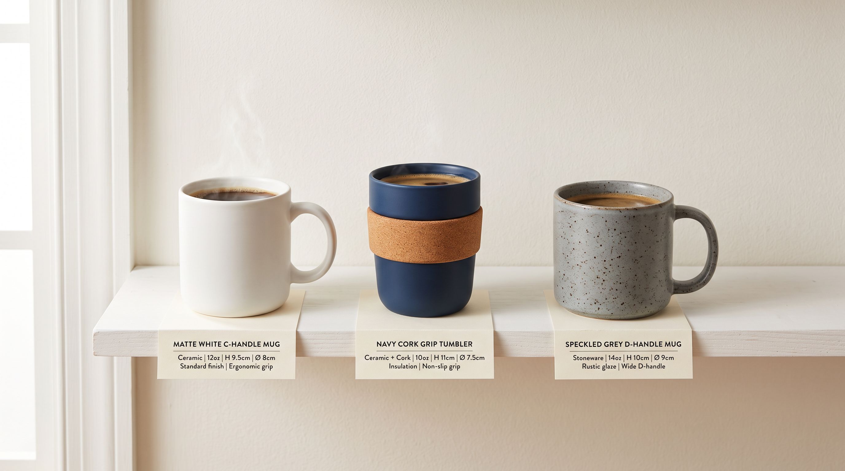 Three ceramic mugs in different handle styles and colour combinations arranged on a white display shelf with printed dimension labels beneath each mug showing a four-axis grid of size, colour, handle style, and print options.