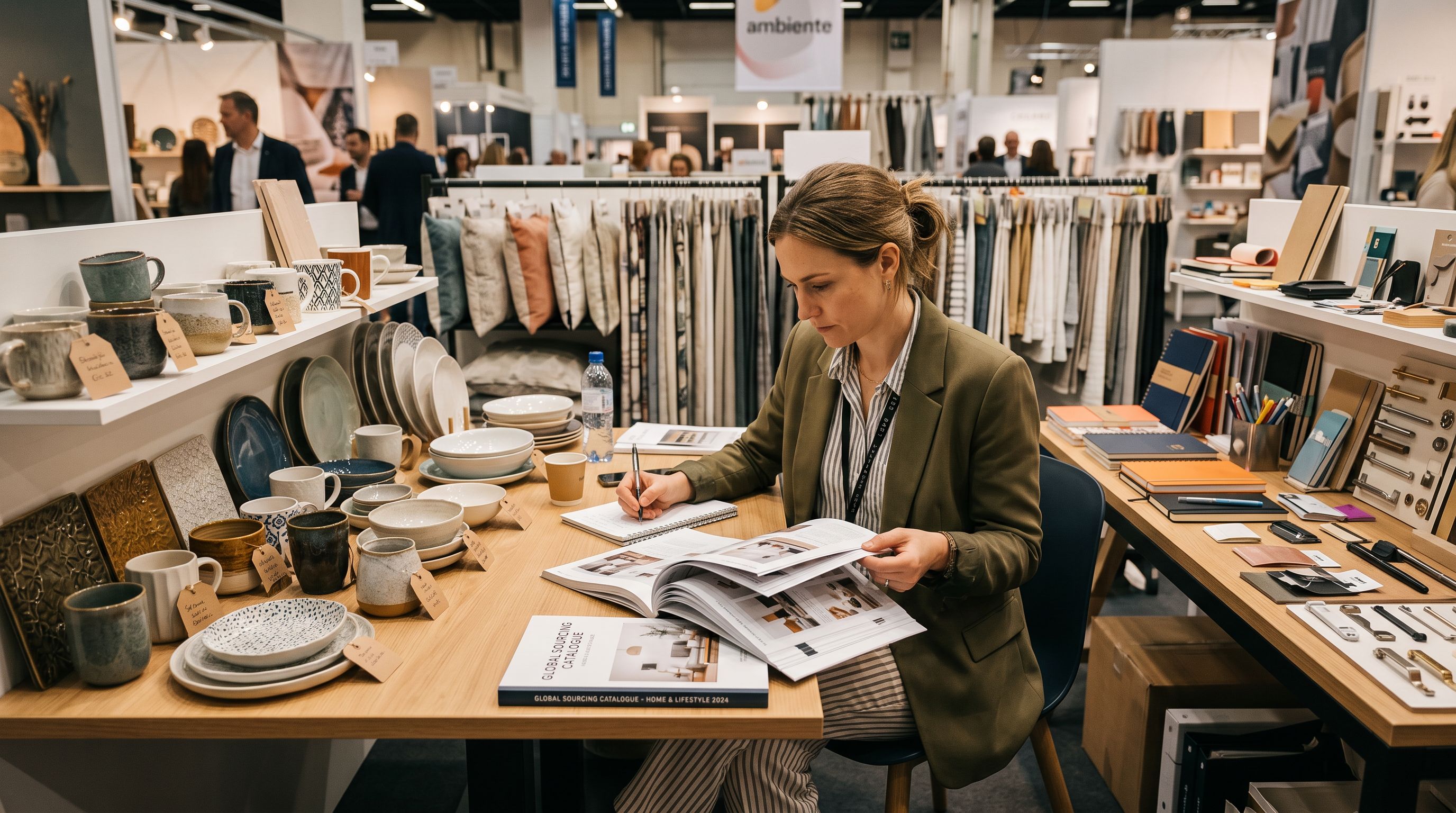 Wholesale buyer reviewing a printed supplier product catalogue at a trade showroom with product samples on the table.