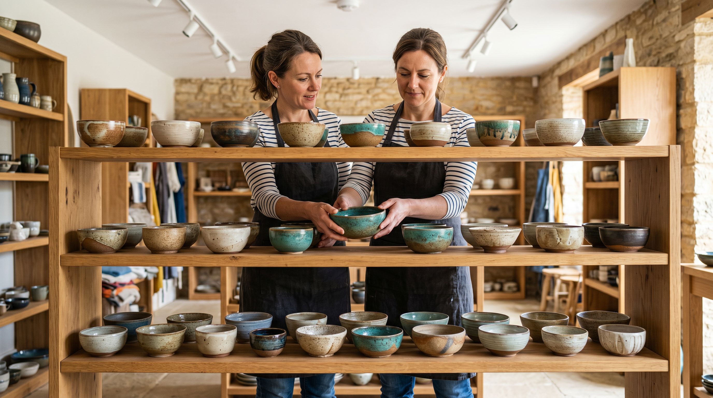 Ceramics artisan arranging handmade bowls on a retail display shelf in a bright showroom with natural light.