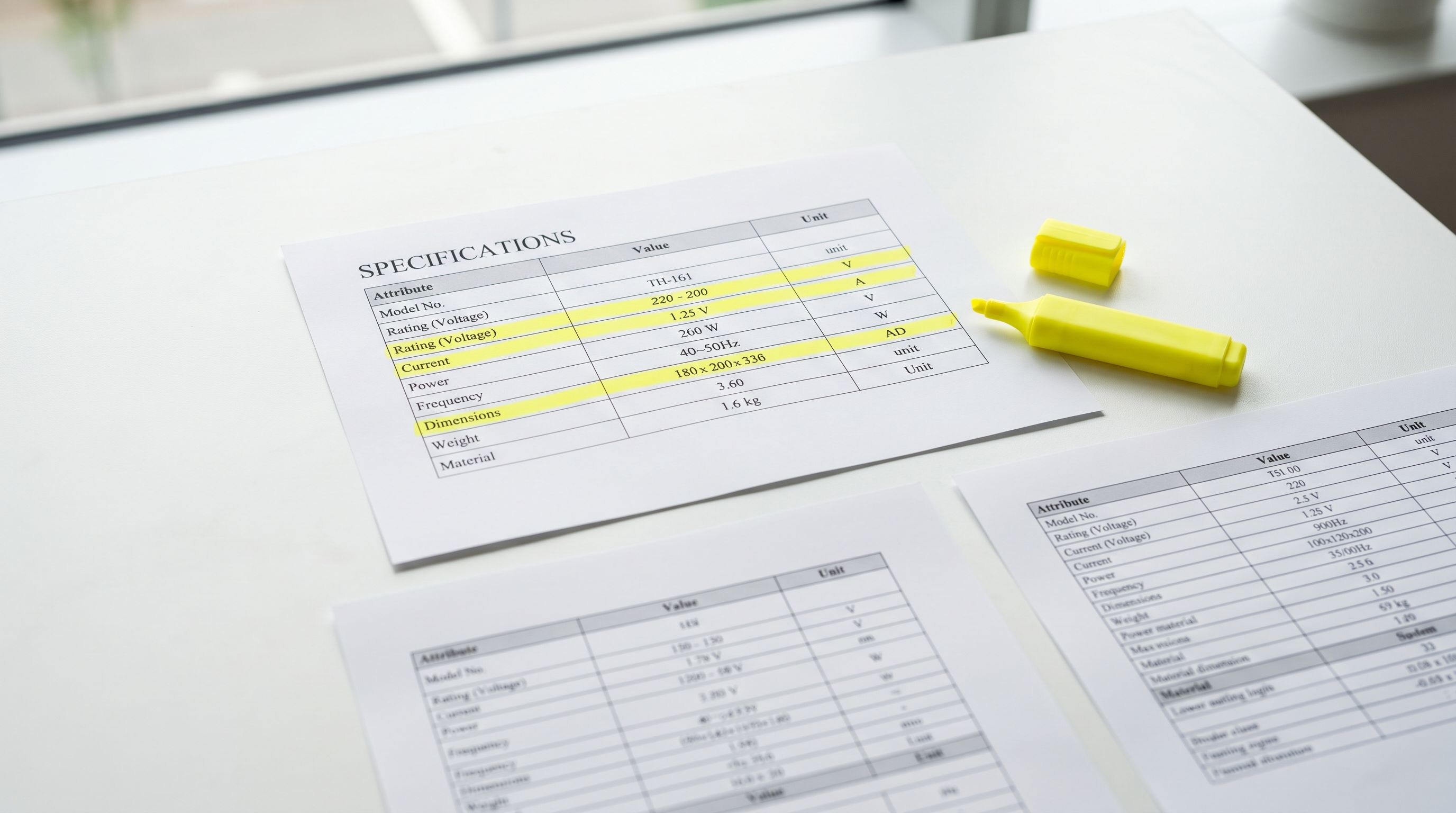 Printed product specification sheets with highlighted attribute rows on a bright white work surface.