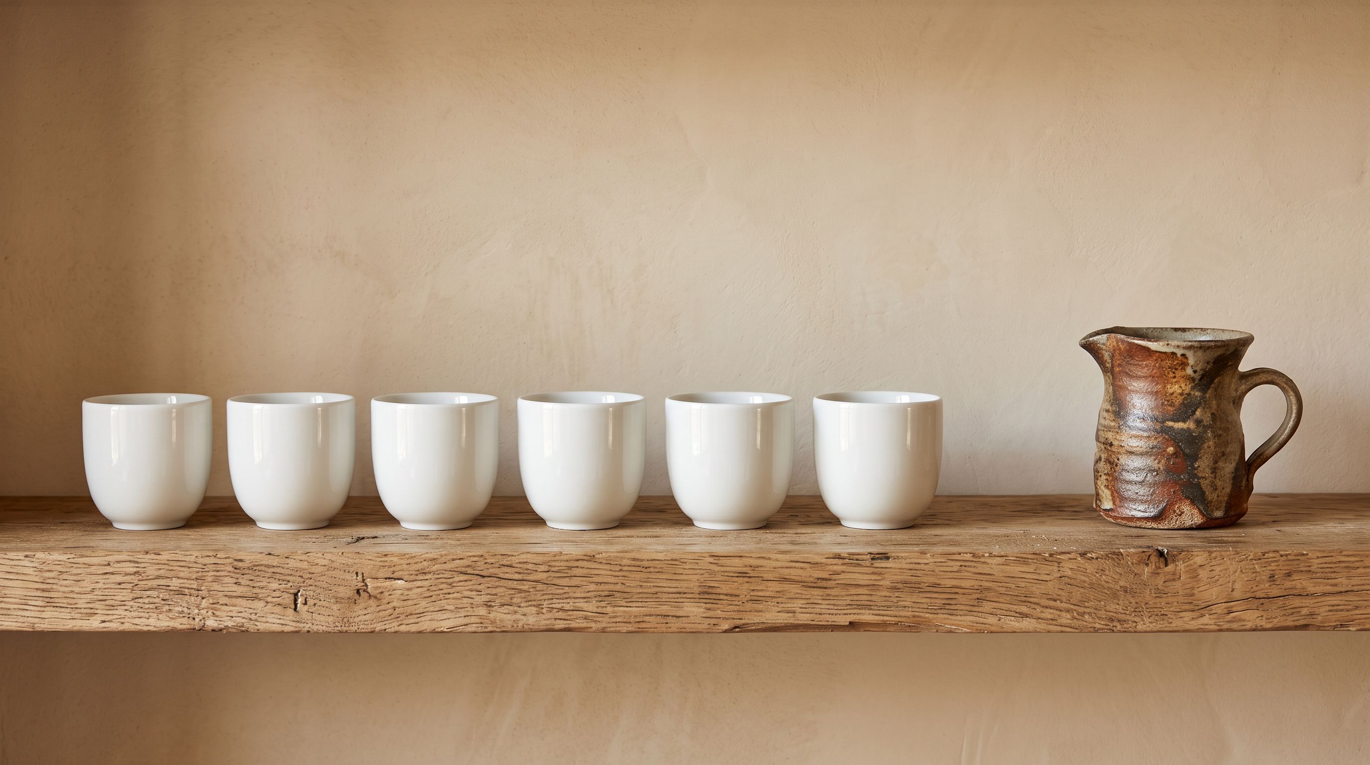 Six identical small white ceramic cups in a row on a wooden shelf with one distinctly different handmade clay vessel placed separately to the right