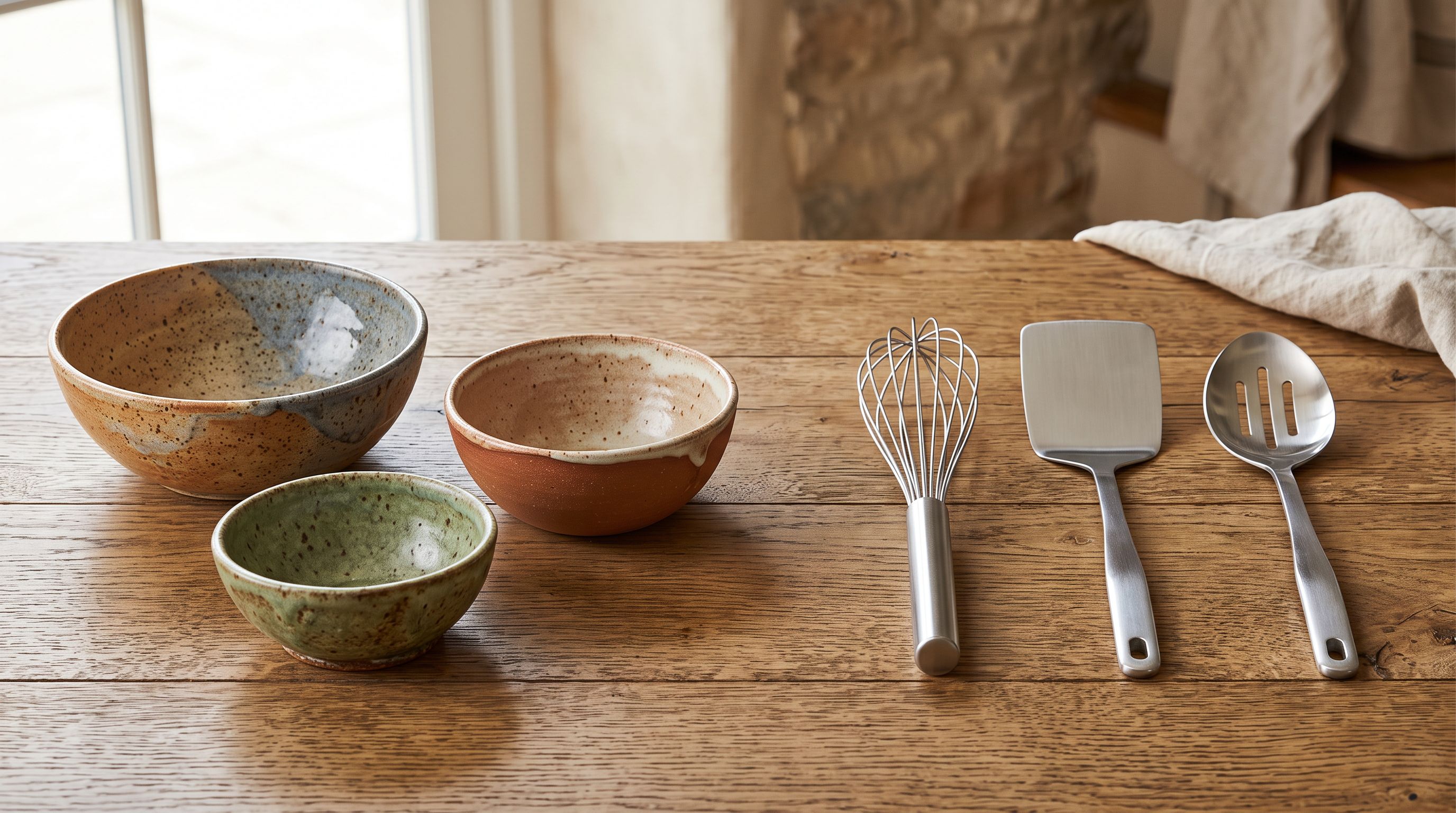 Two product groups side by side on a wooden table: handmade ceramic bowls with organic glazing on the left and precision-manufactured stainless steel kitchen tools on the right