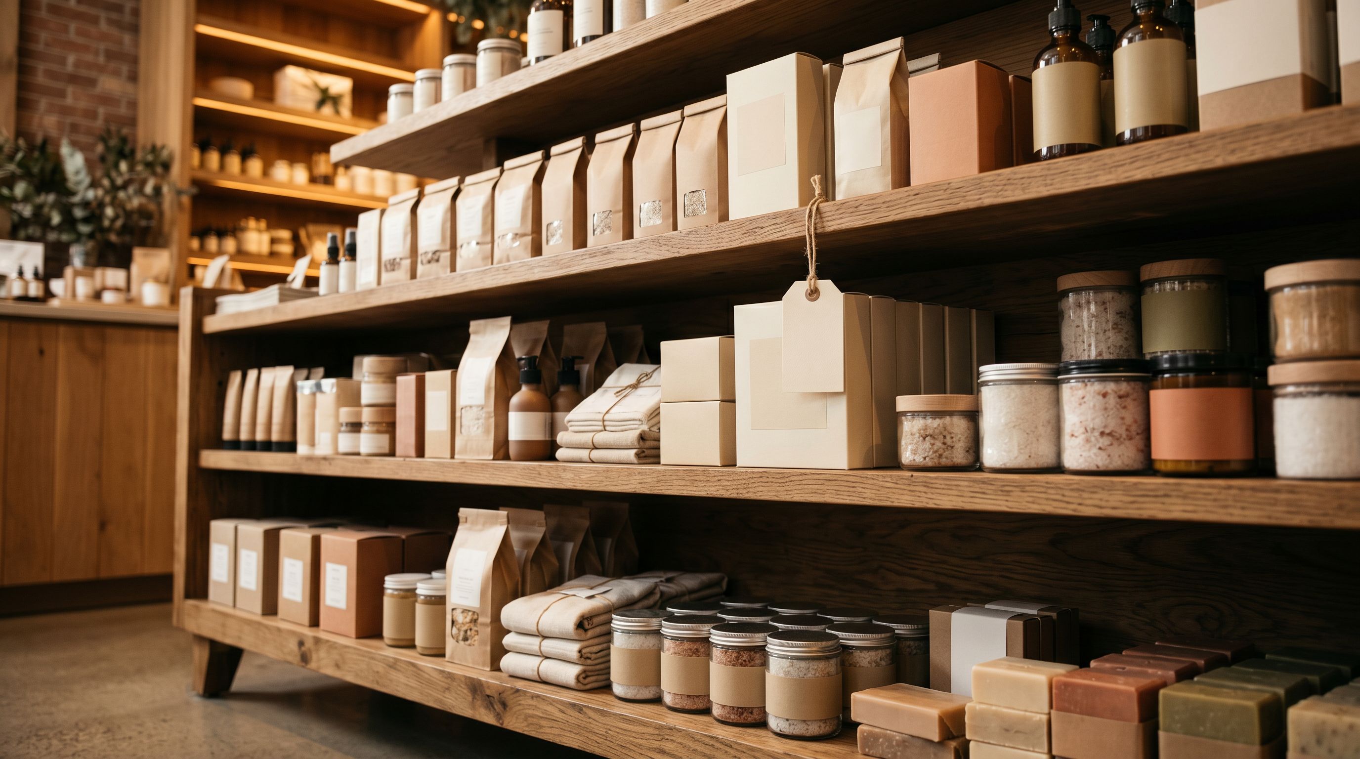 A retail display shelf with neatly arranged packaged goods in neutral tones, a small blank hang tag dangling from one product, warm store lighting.