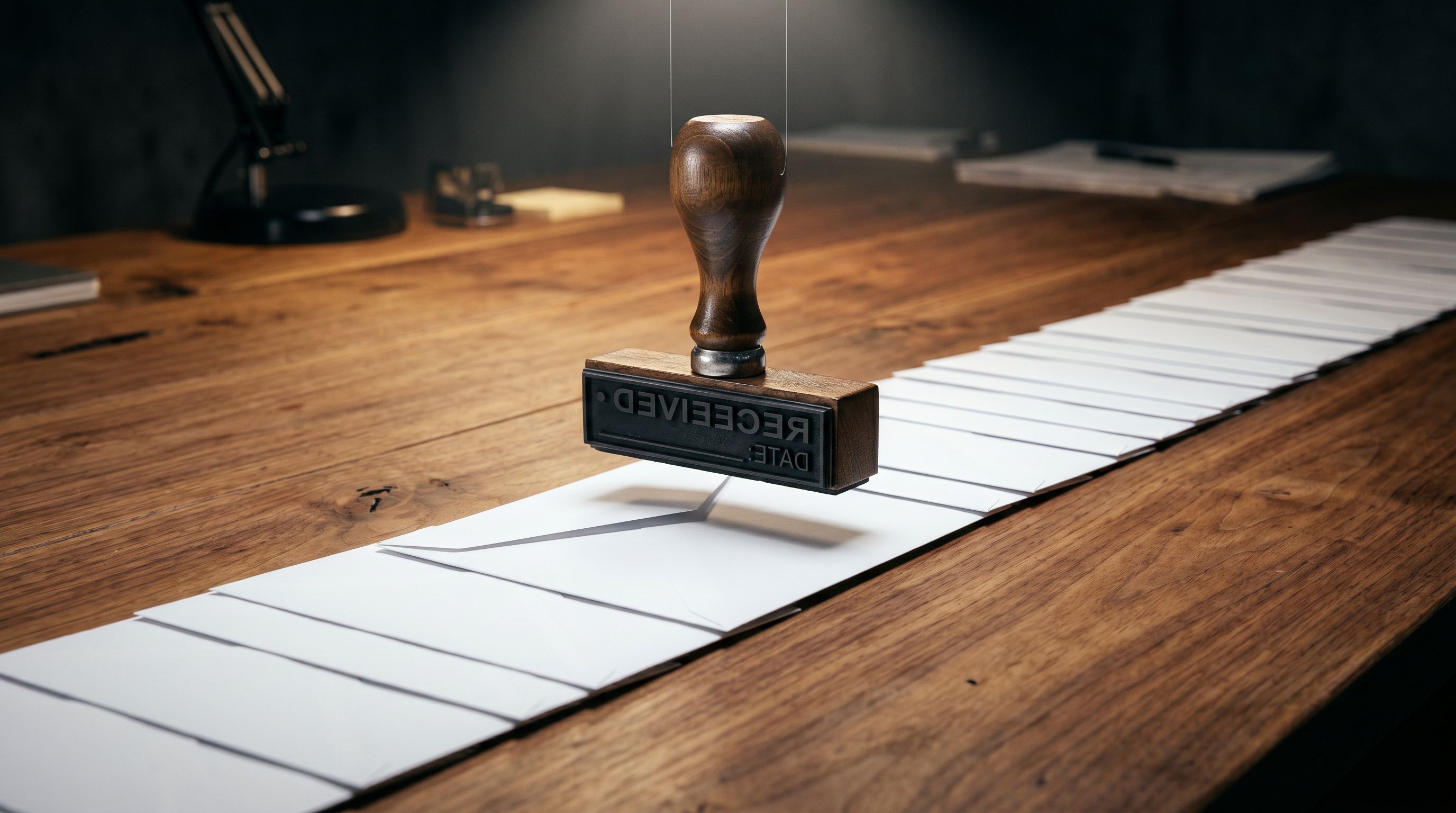 A single heavy-duty rubber stamp suspended above a long neat row of identical white envelopes on a warm wooden surface, dramatic overhead lighting.
