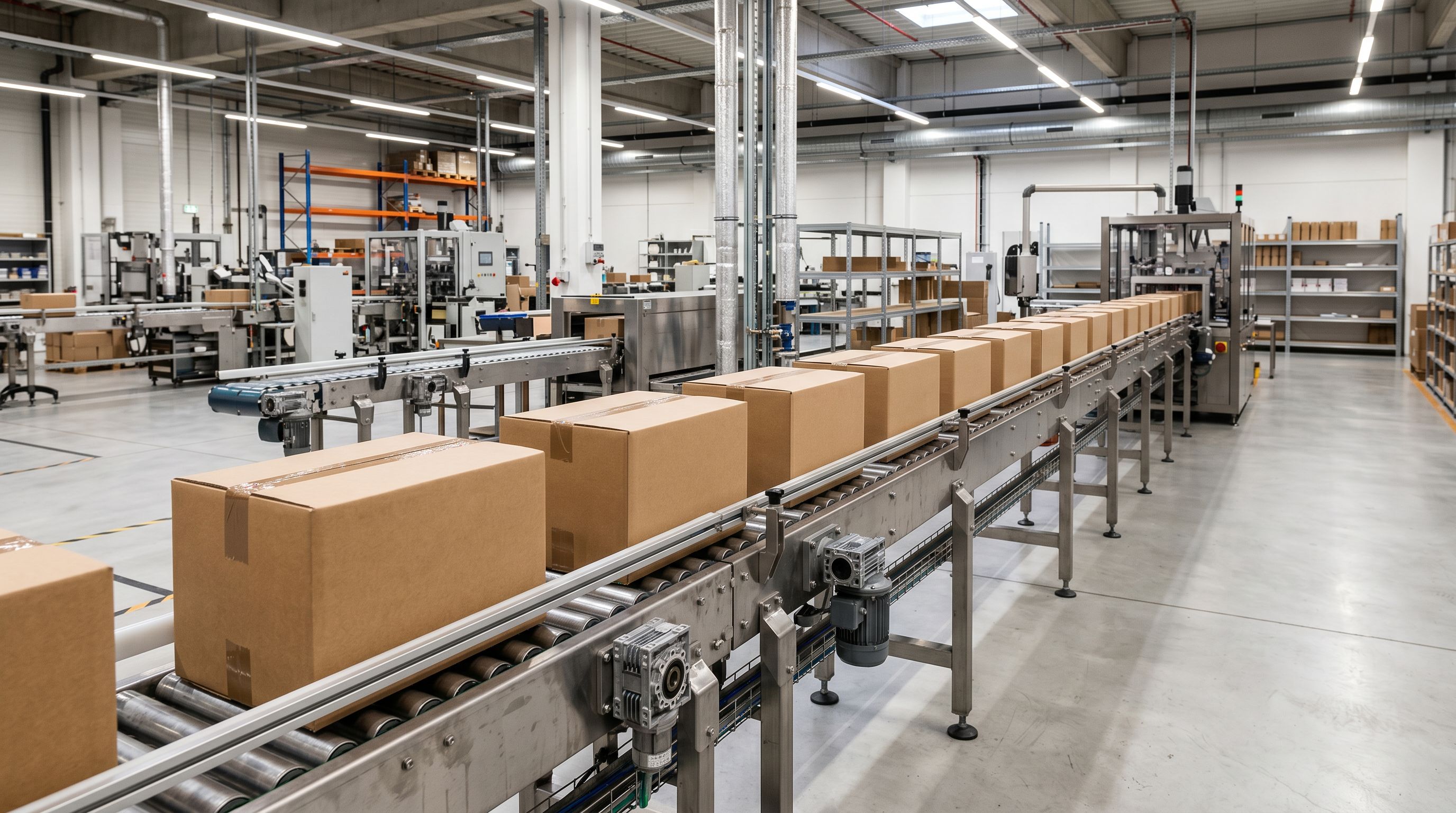 A smooth conveyor belt on a factory floor carrying a sequence of identical sealed cardboard boxes at evenly spaced intervals, bright overhead industrial lighting.