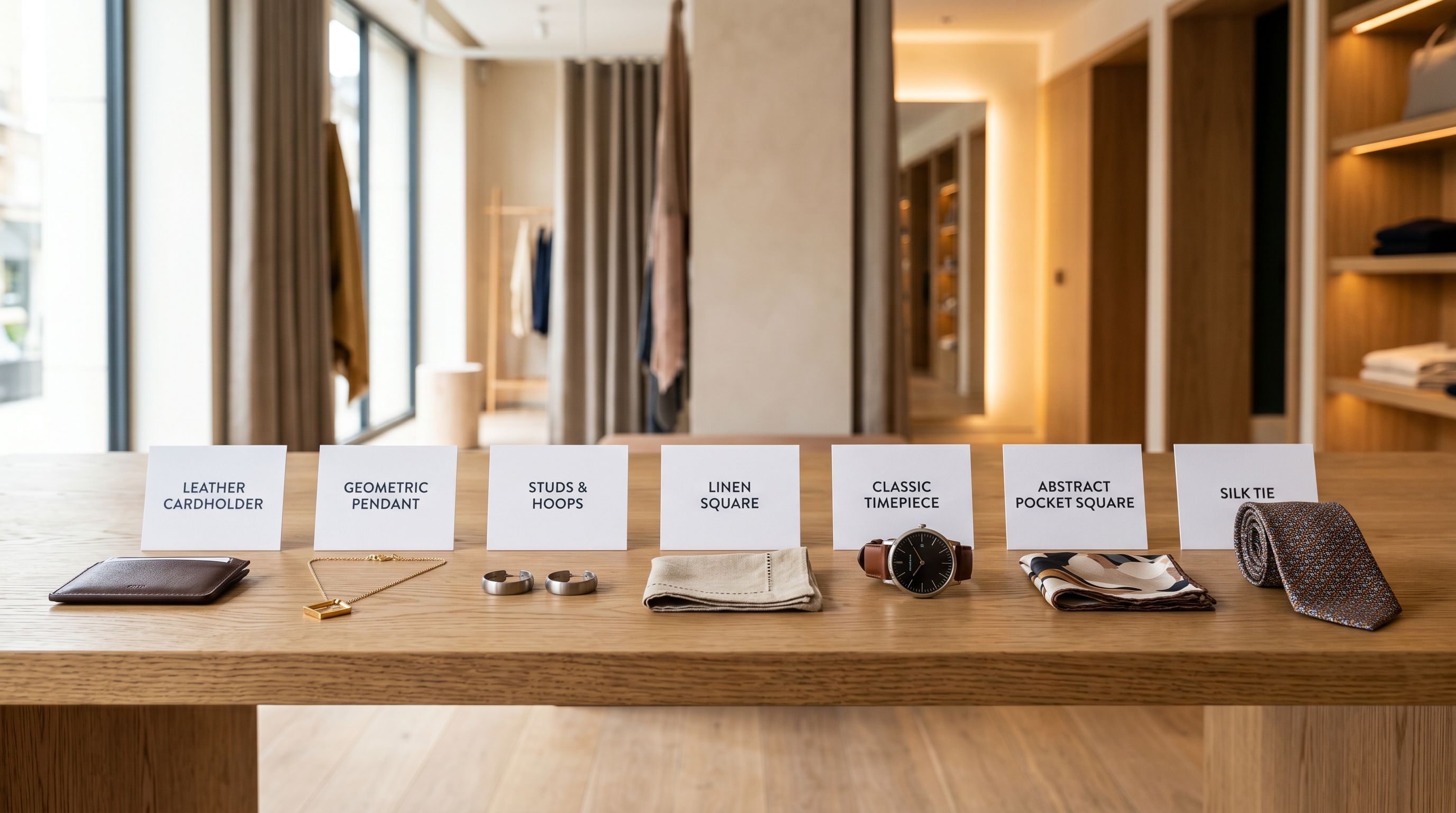 Fashion accessories arranged on a display table with clean printed labels in a brightly lit showroom.