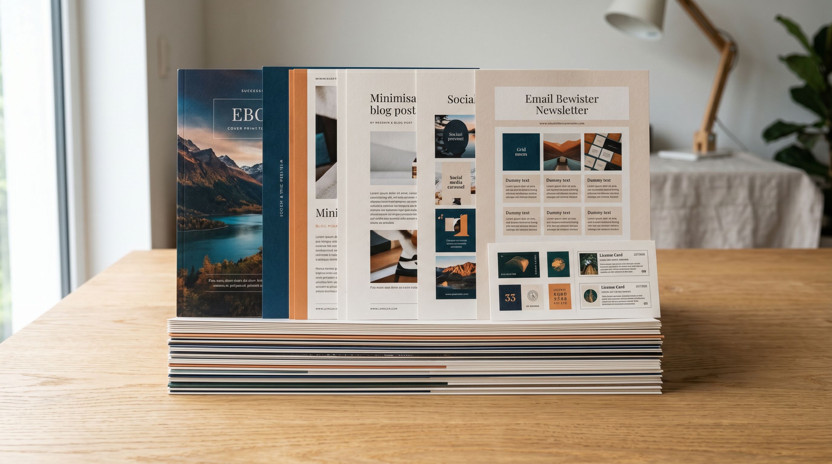 Stack of printed digital product mockup sheets including ebook covers, template preview pages, and licence card designs arranged on a table.