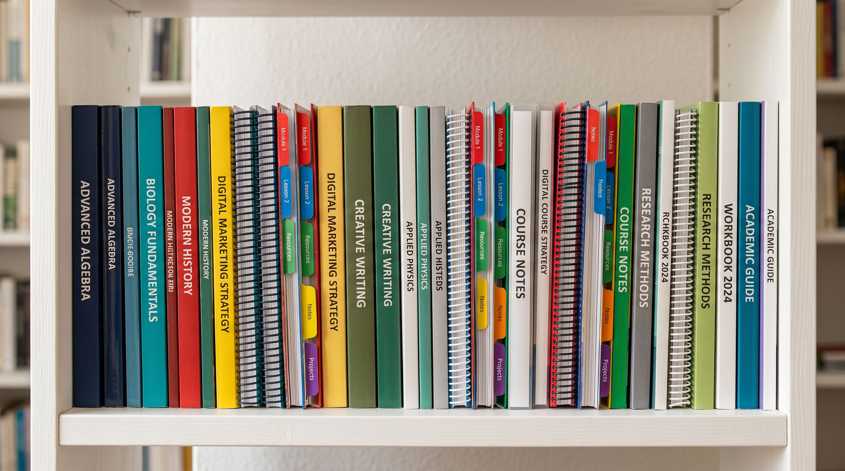 Row of printed educational course workbooks and digital template binders arranged upright on a shelf, spines facing outward.