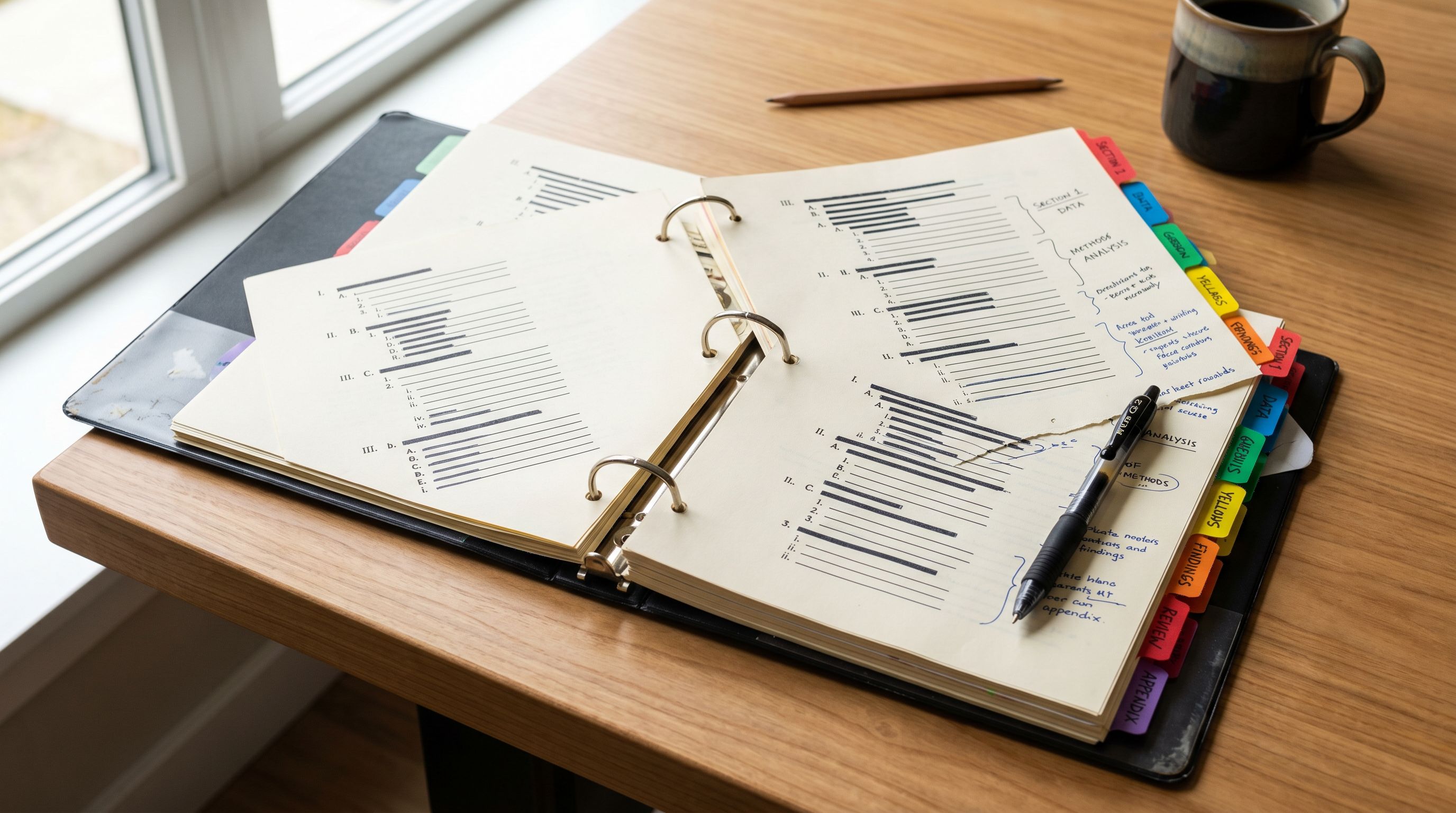 Open product taxonomy reference binder on a desk showing a structured hierarchy list of digital product categories with annotation tabs.
