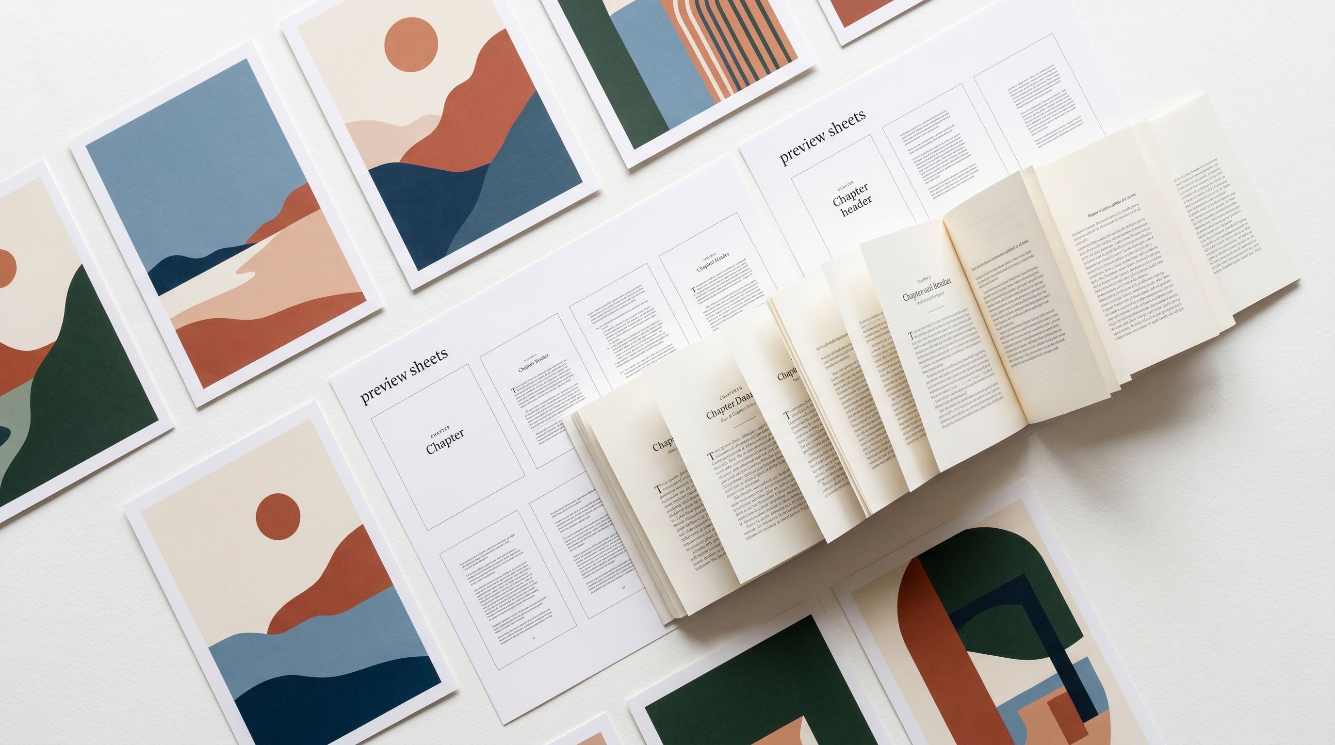 Flat-lay of printed ebook mockup cover cards and digital template preview sheets arranged on a bright white surface with sample preview pages fanned out.