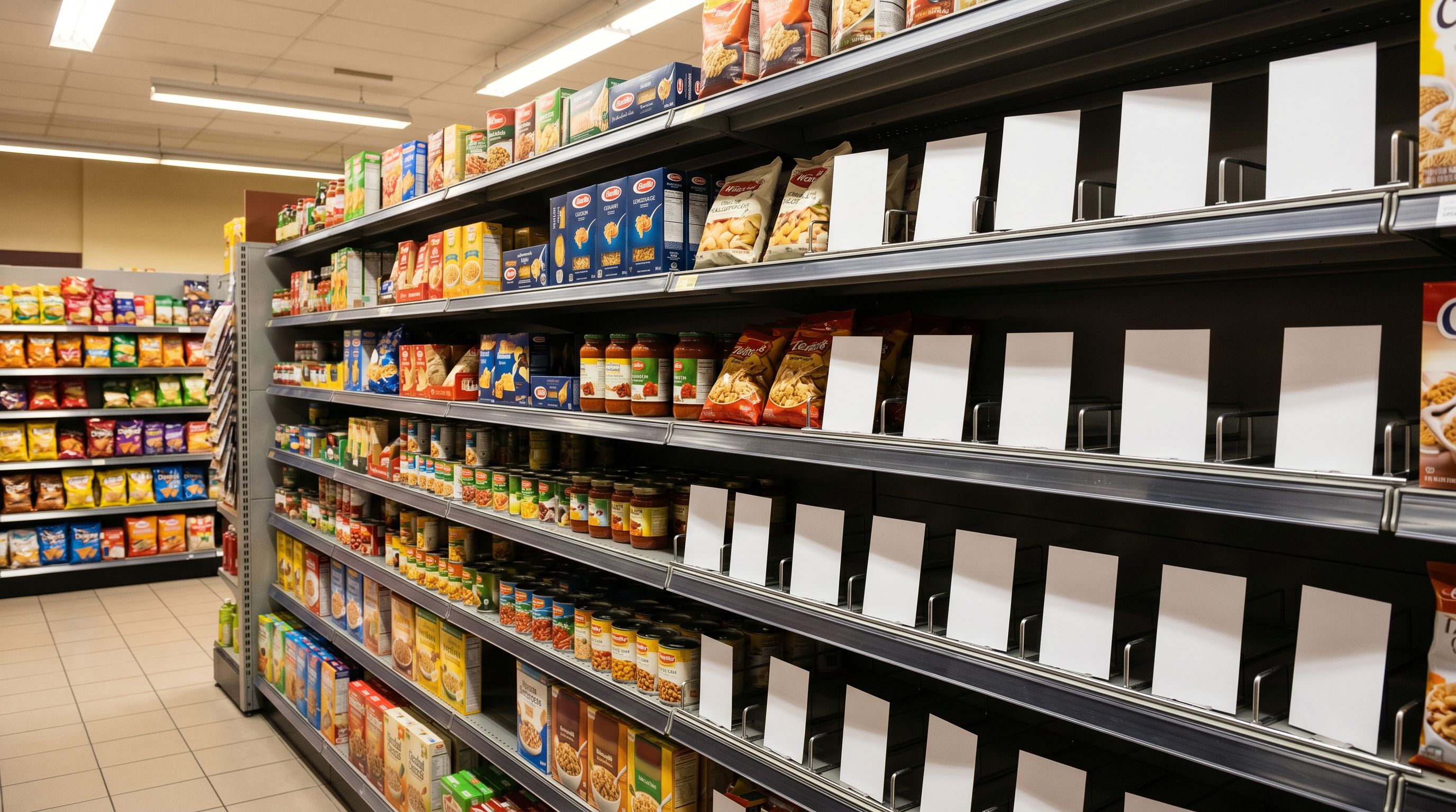 Retail shelves with empty product slots and blank placeholder cards representing missing product data.