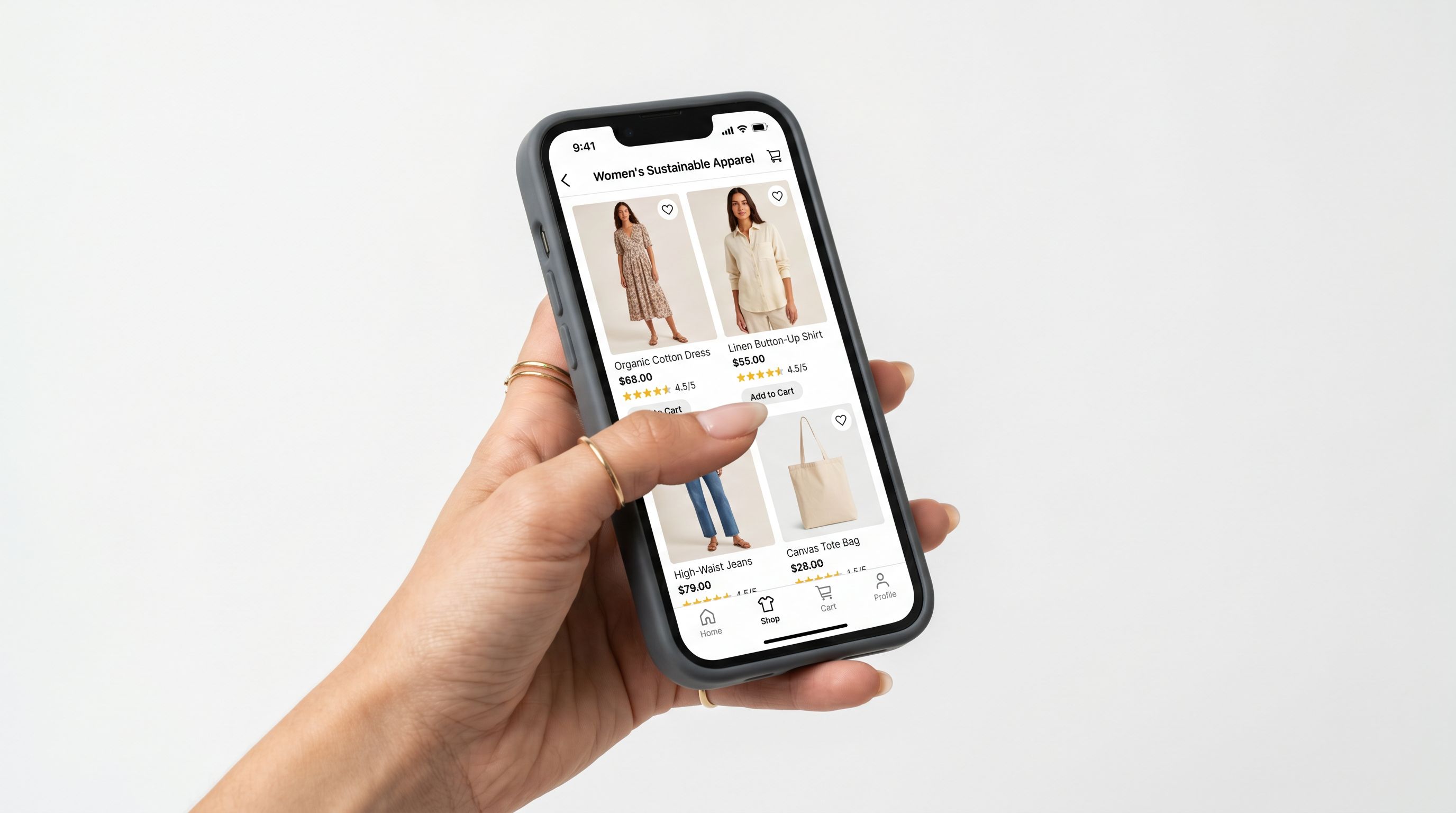 Hand holding a smartphone showing an e-commerce marketplace product listing with pricing and images.