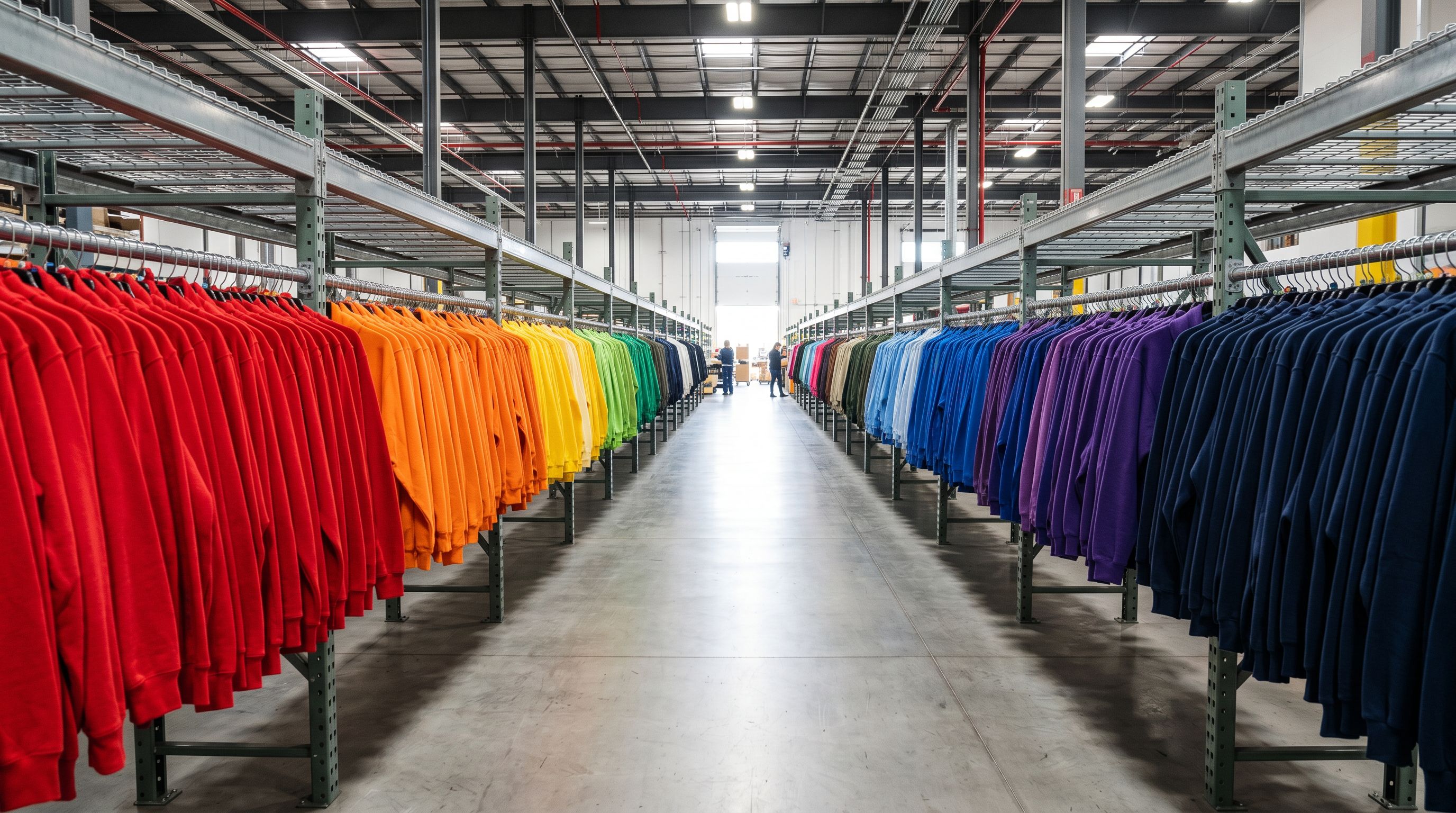 Rows of colour-sorted garments hanging on metal racking rails in a textile distribution centre.