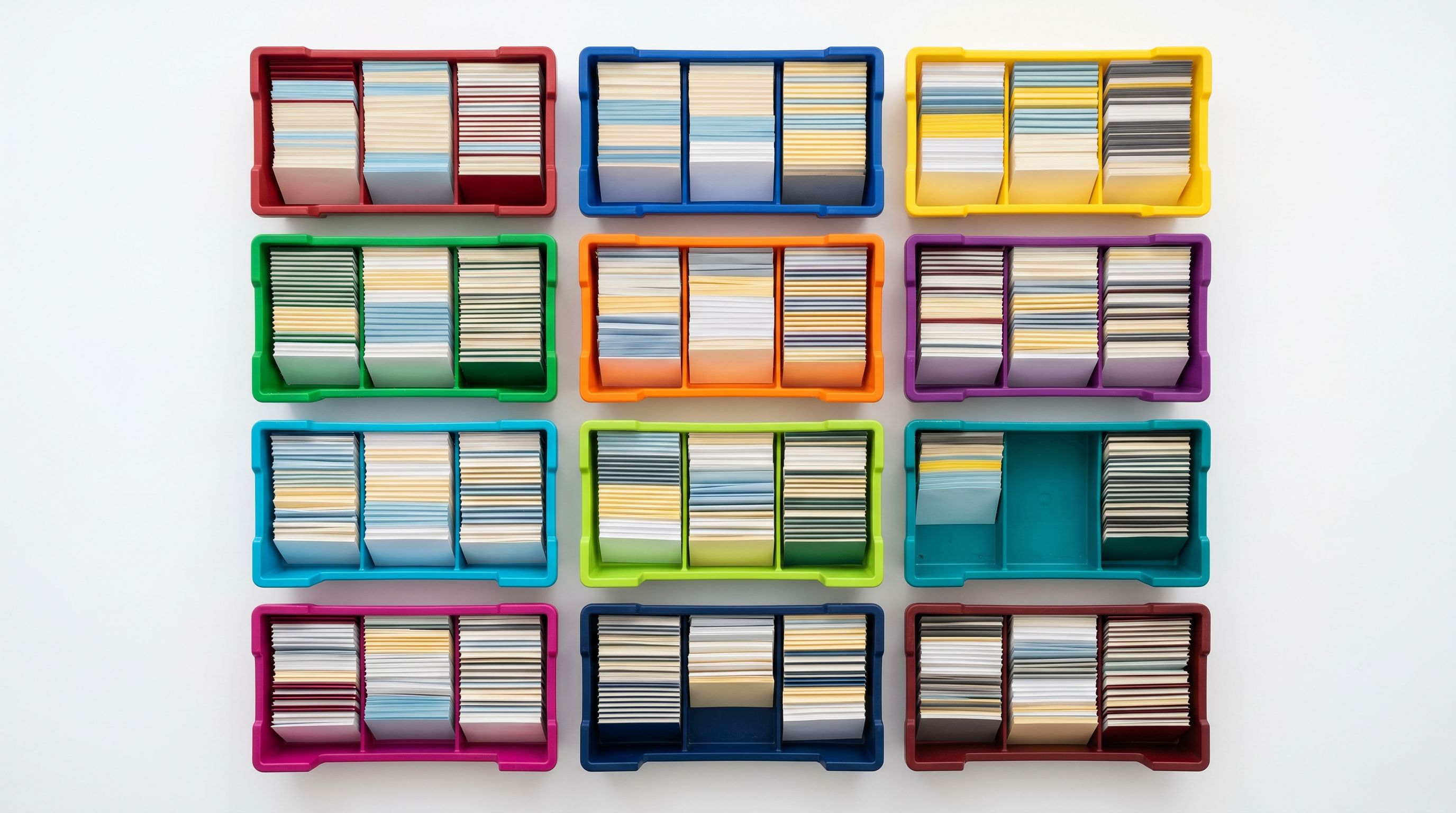 Overhead view of colour-coded filing trays on metal shelving, each sorted and labelled by category.