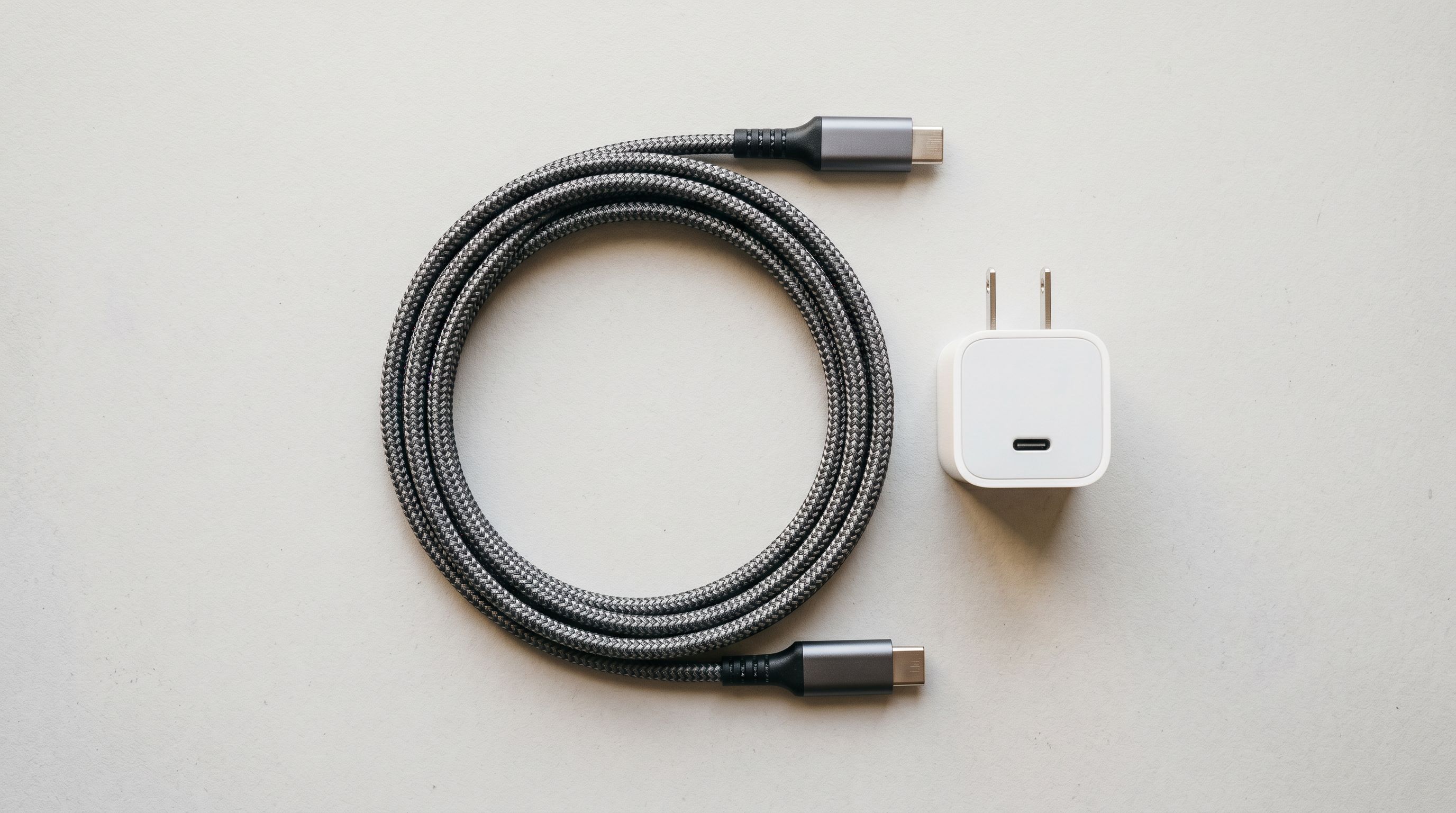 A braided USB-C cable coiled next to a compact white charging adapter on a light grey surface.